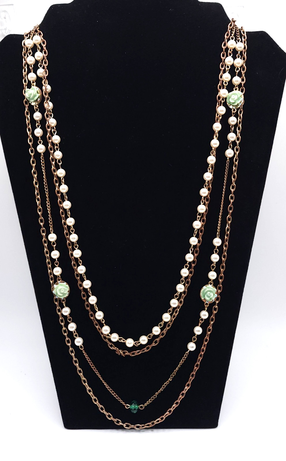 Multi Strand Pearl Necklace Rose Gold Floral Statement Necklace Vintage 25in