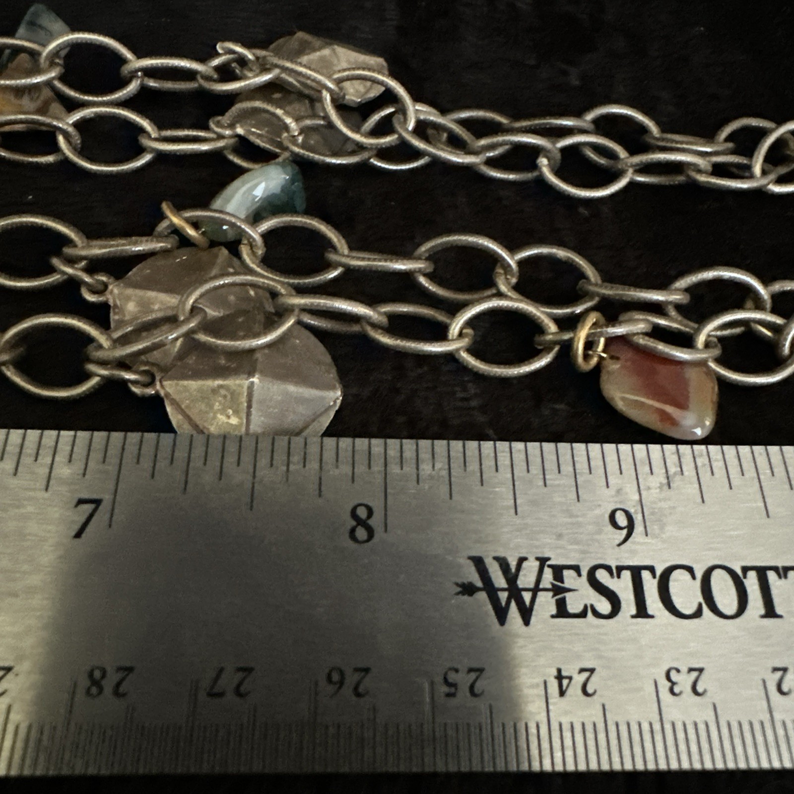 Vintage Silver Tone Chain Charm Necklace With Gemstones