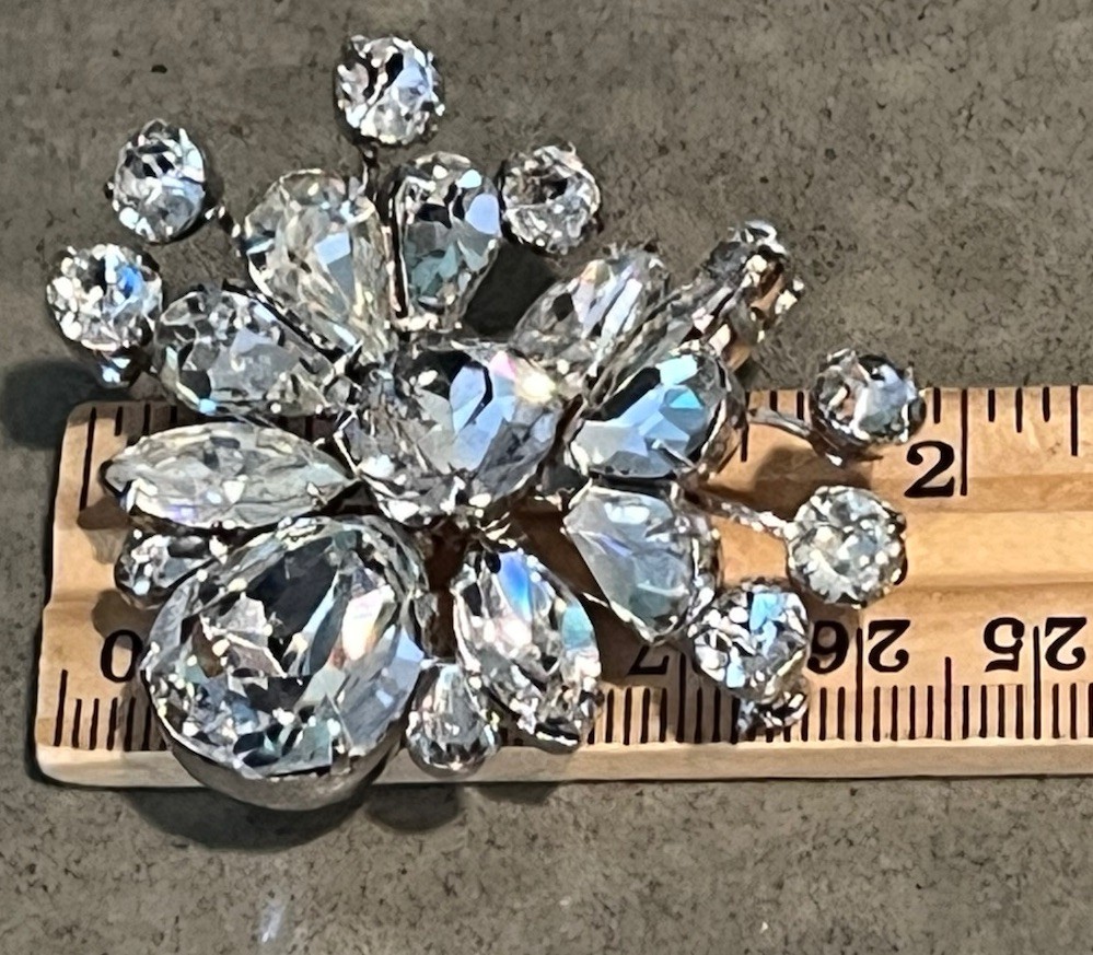Vintage Eisenberg Clear Rhinestone Spray Brooch Signed Rhodium Crystal 1940 Used