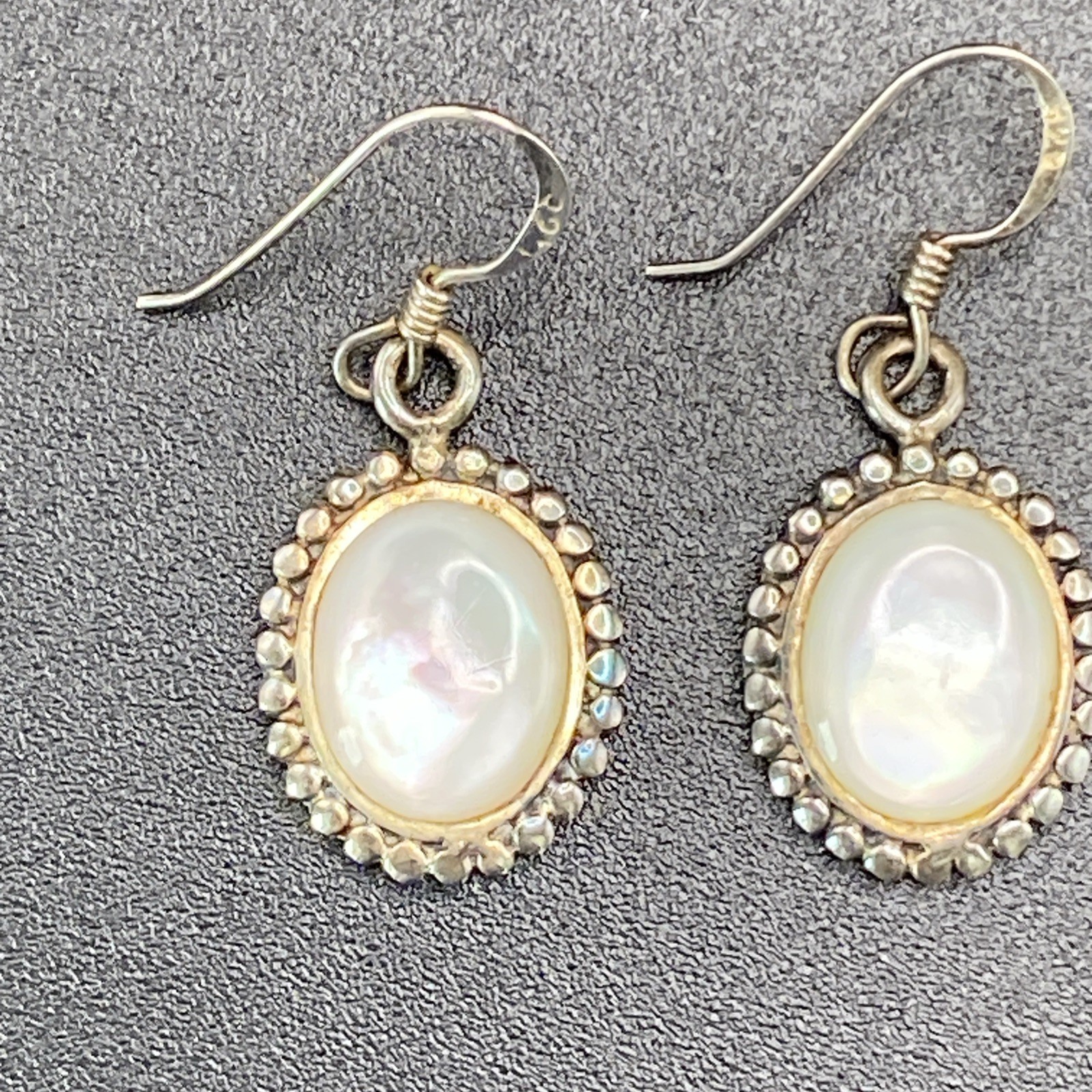 925 Sterling Silver Mother Of Pearl Silver Tone Vintage Earrings Fish Hook