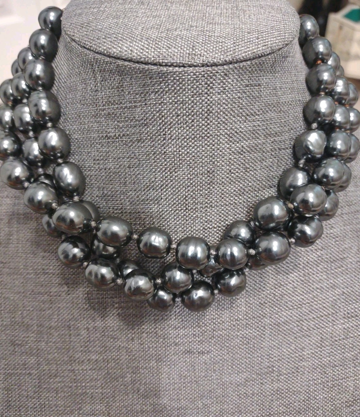 Carol Lee Dark Grey Individually Knotted Baroque Pearl Three Row Necklace 17 In
