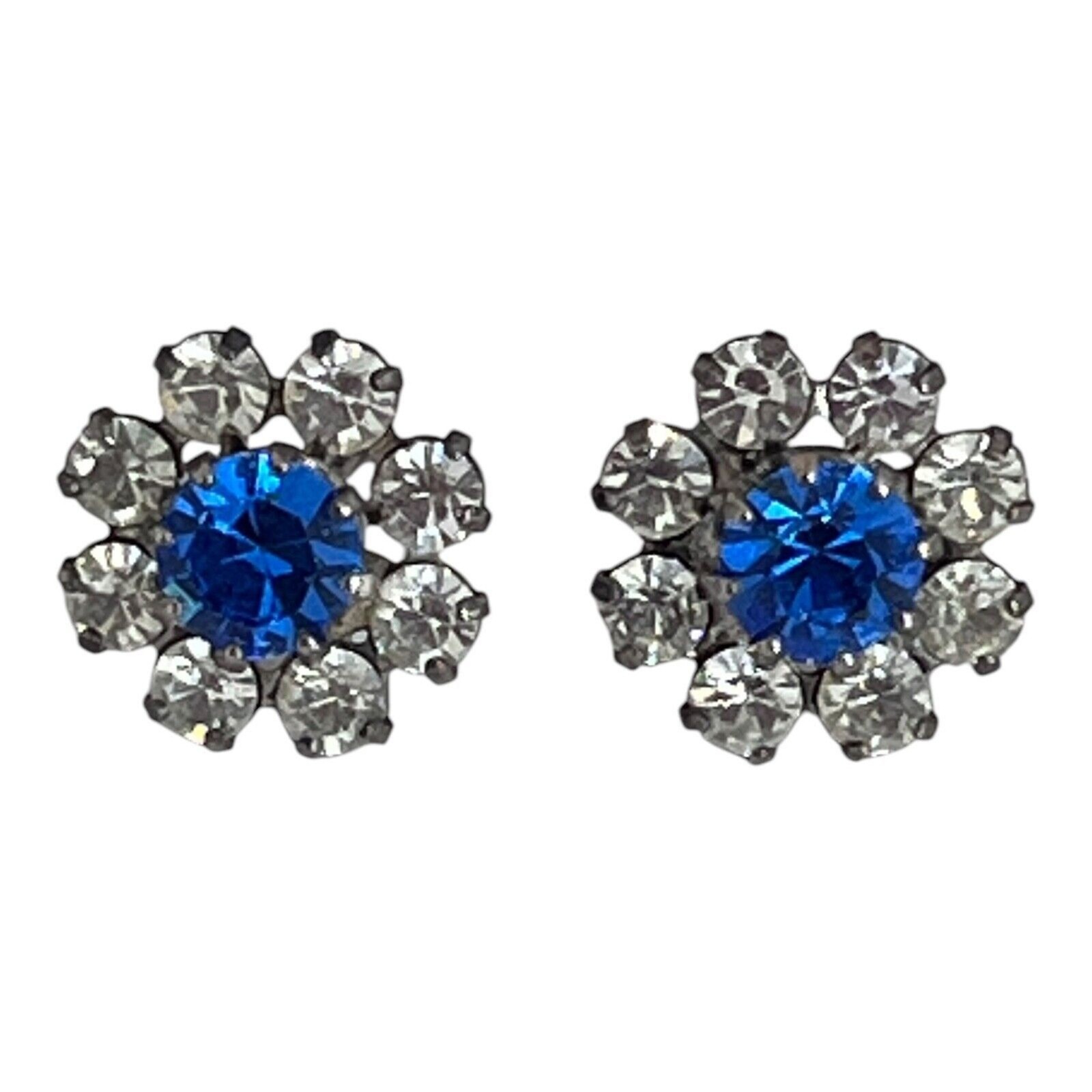 Vintage 1960s Rhinestone Stud Earrings Blue Crystal Silver Tone – 5M