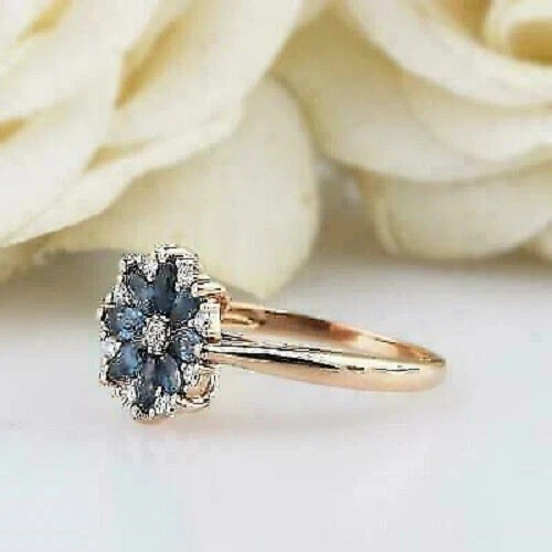 Art Deco Style Lab-Created Diamond & Sapphire Engagement 14K Rose Gold FN Ring