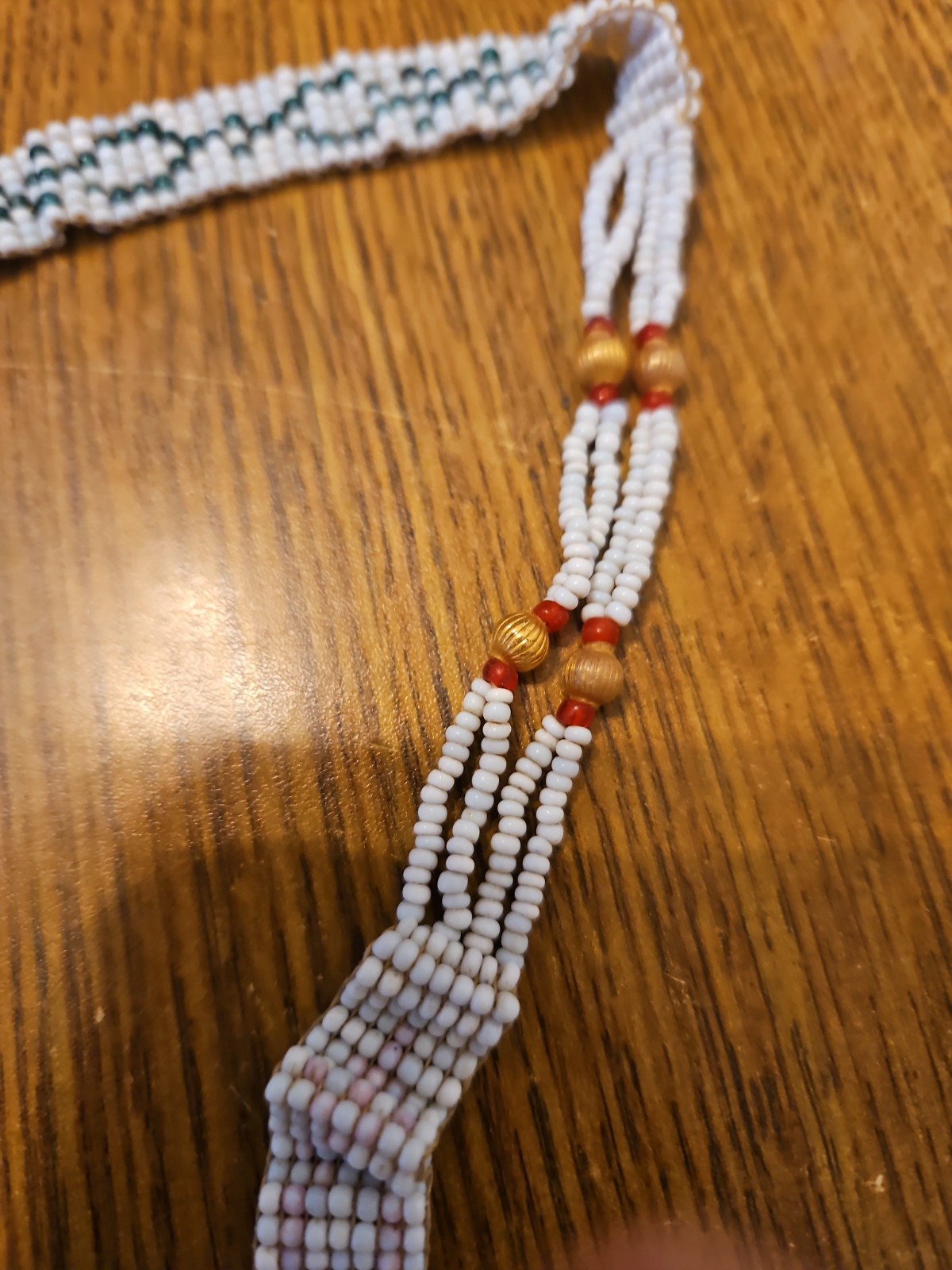 Vintage Multicolor Glass and Stone Bead Necklace Green, White, Red, Gold Beads