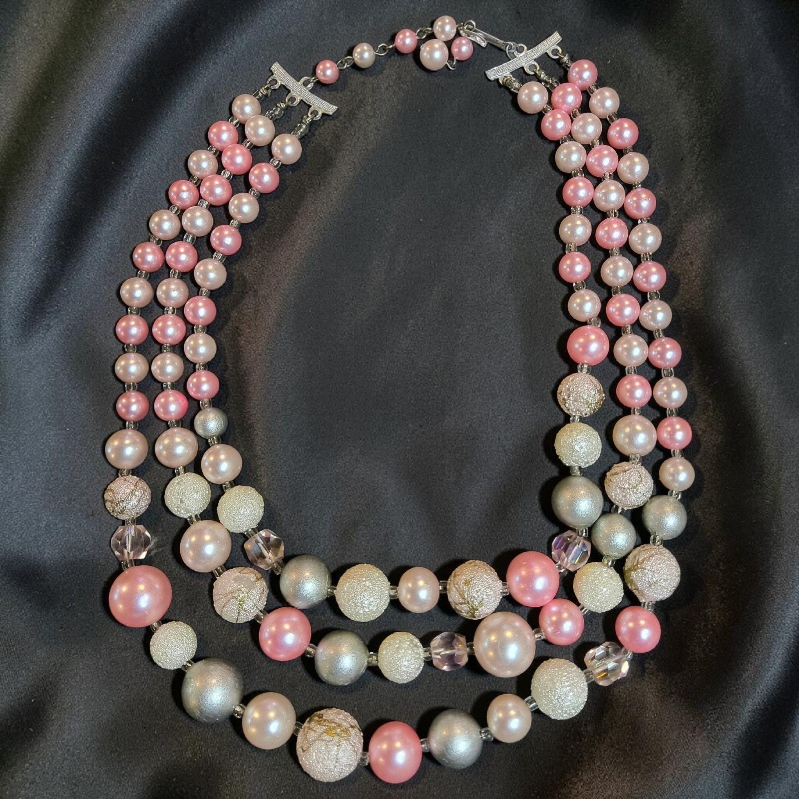 Vintage Japan-Stamped Pink Gray 3 Strand Beaded Bib Necklace Faux Pearl Crystal