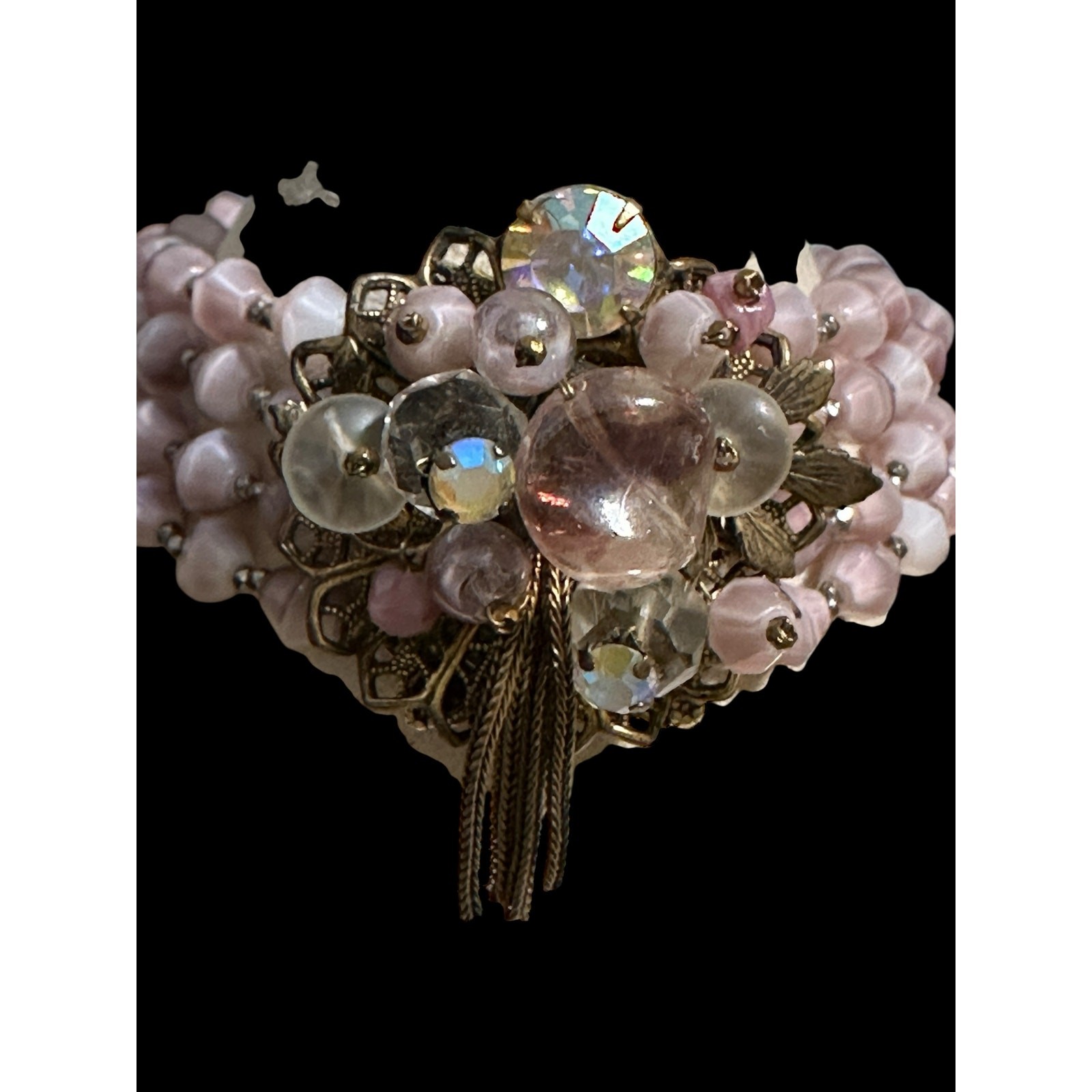 Vintage Pink Opaline Glass Multi Strand Bracelet AB Rhinestone Floral Tassel