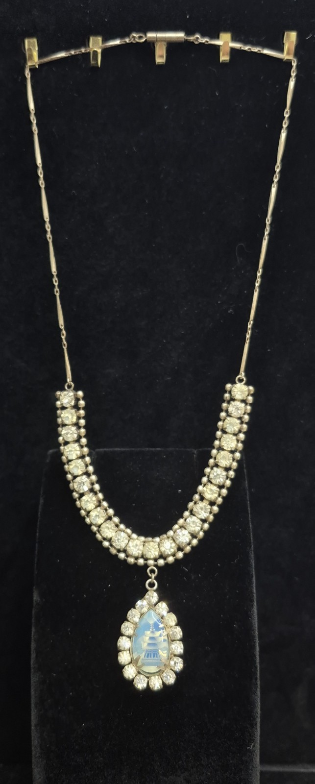 1950s Opaline Glass Intaglio Pagoda Design Demi-Parure Necklace Earrings Set