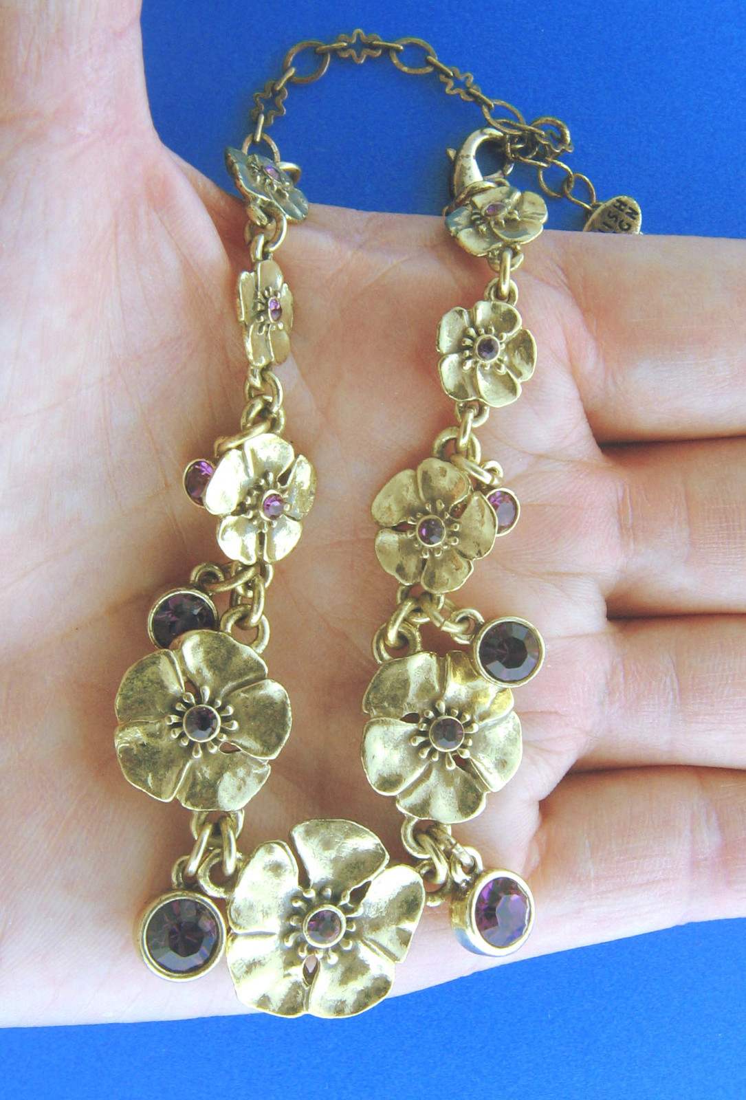 Pilgrim Purple Crystal Rhinestone Floral Link Necklace Gold Tone