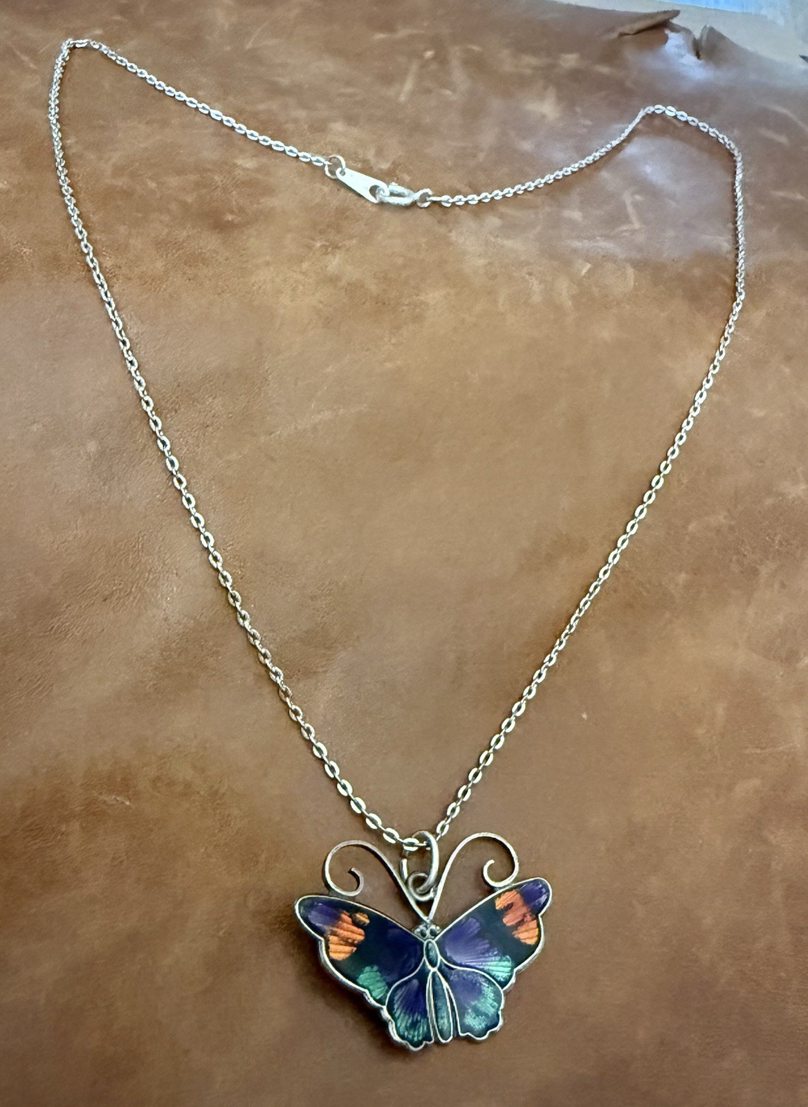 David-Andersen 925S Multi-Color Guilloche Enamel Butterfly Pendant Necklace 18”
