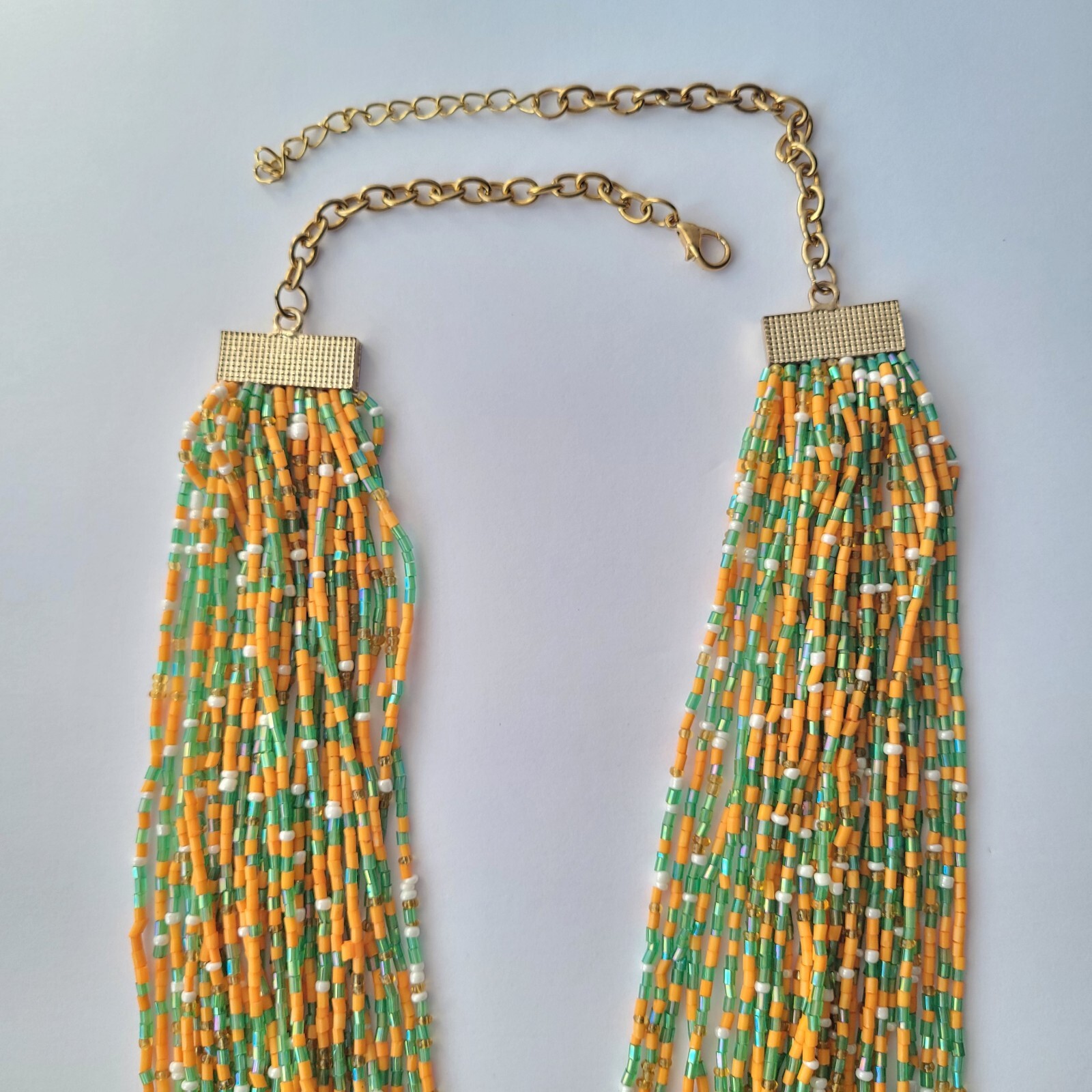 Vtg Orange Green Multistrand Boho Seed Bead Necklace & Earrings Set