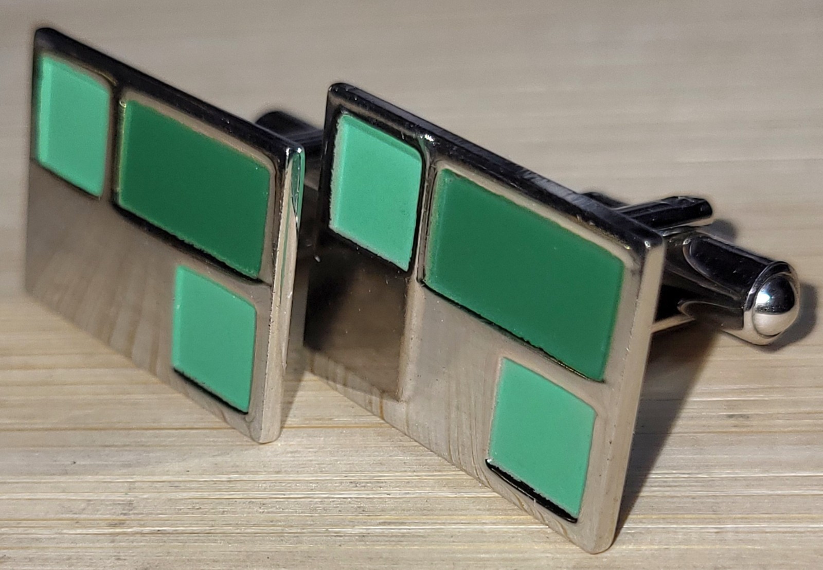 SPEIDEL Silvertone & Green Modernist Cufflinks 7/8″ Wide Very Good Condition