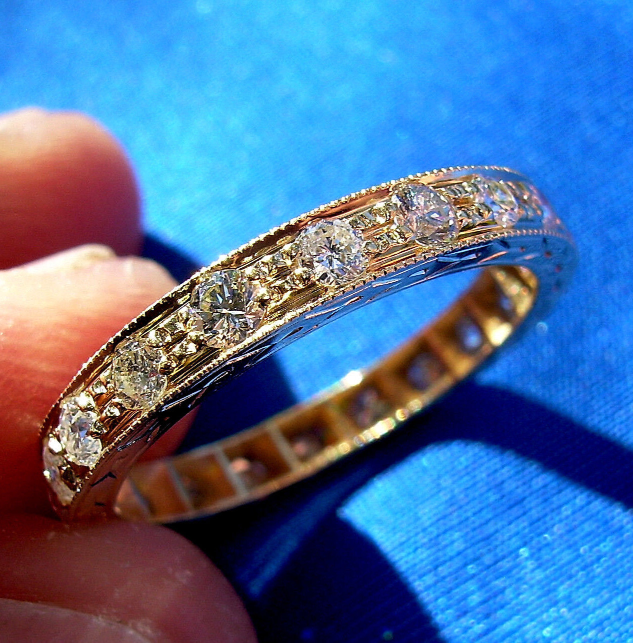 ORIGINAL EARTH MINED DIAMOND Deco Wedding Band SOLID 14K GOLD Eternity Ring 9.5