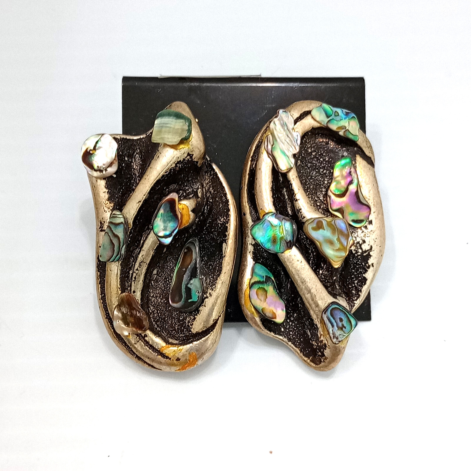 Jeff Lieb Bold Clip On Statement Earrings Abalone Shell Silver Tone Brutalist 2″