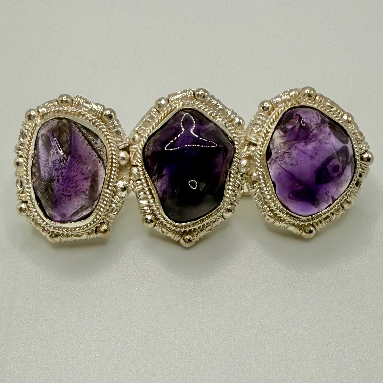 Vintage Chinese Silver Triple Amethyst Cabochon Brooch