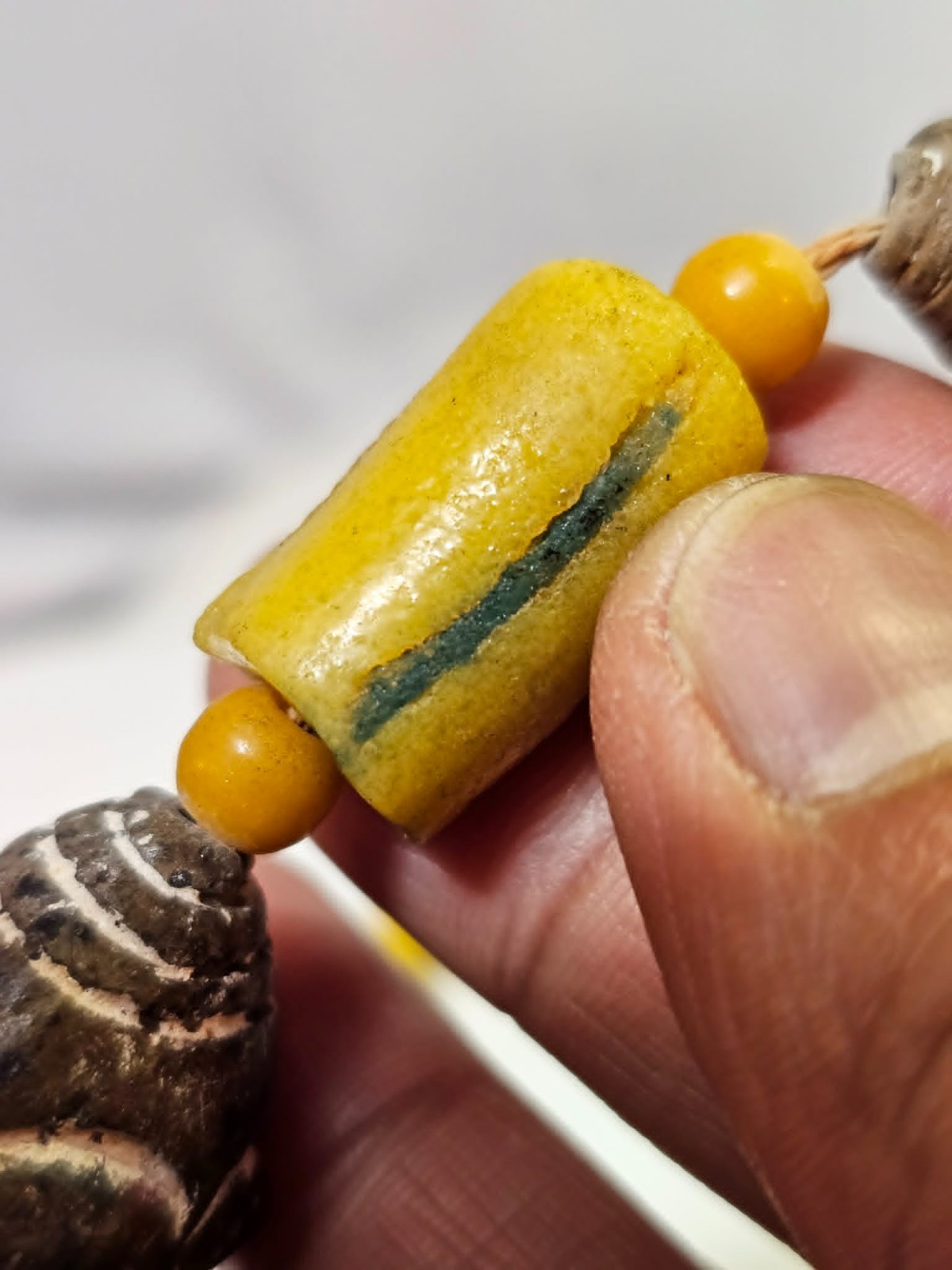 Tibetan Dzi/ African Trade? Necklace Large Yellow Glass Brown Ceramic Beads Boho