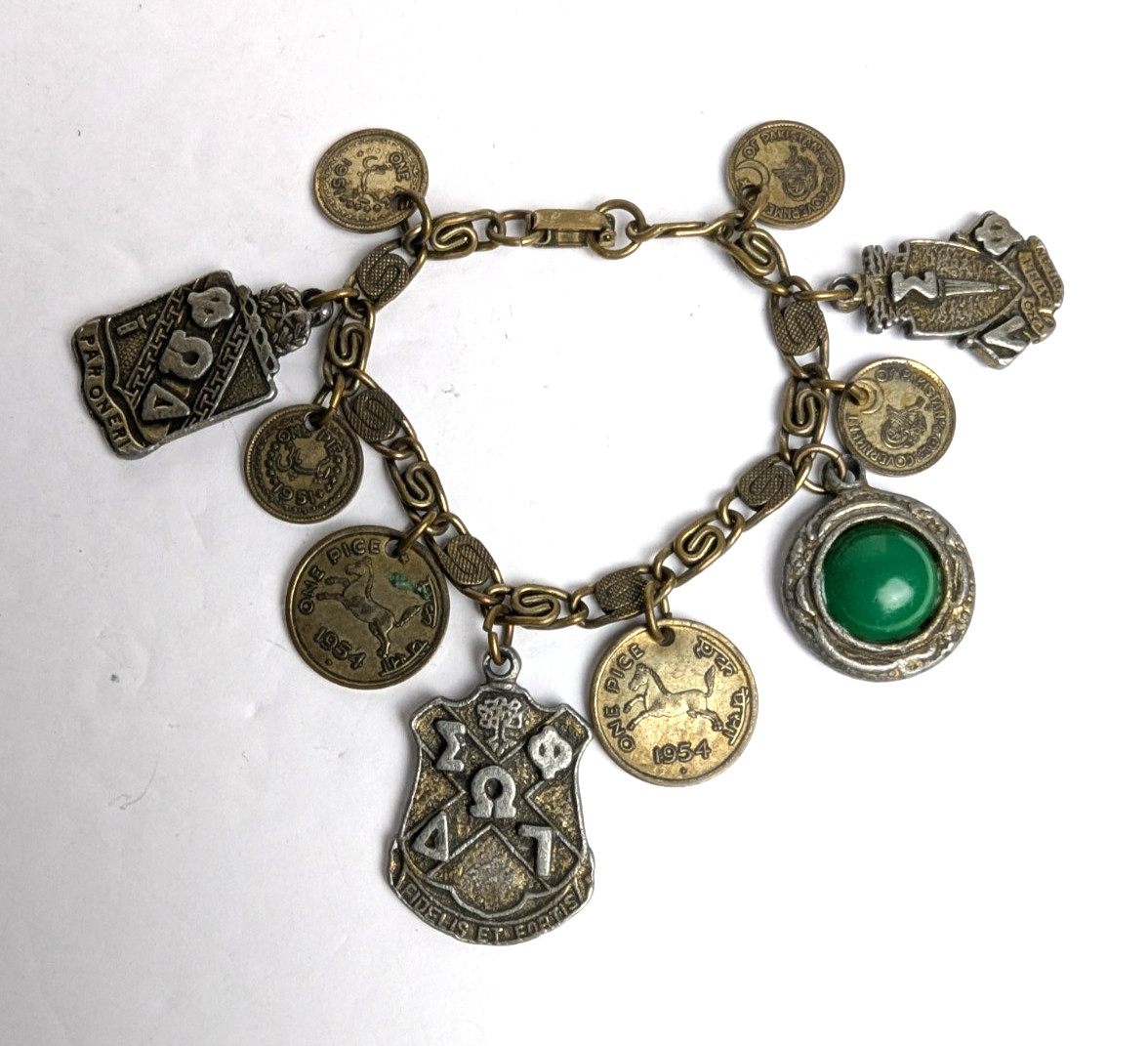 1950s Vintage Heraldic Chunky Charm Bracelet with Pakistan and India Coins 7″