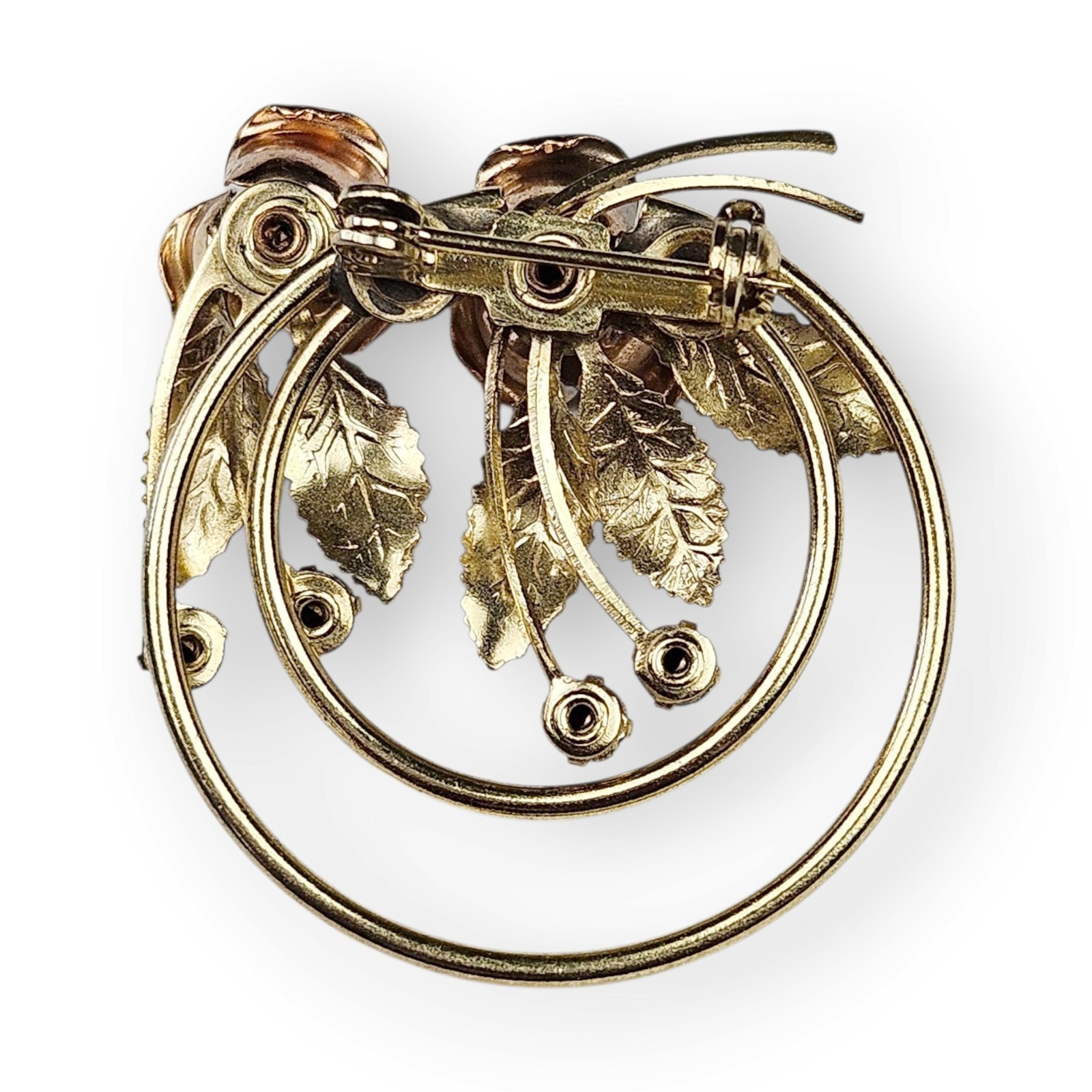 Vintage Double Rose Brooch Two Tone Brushed Gold Plated Rhinestone Floral Spray