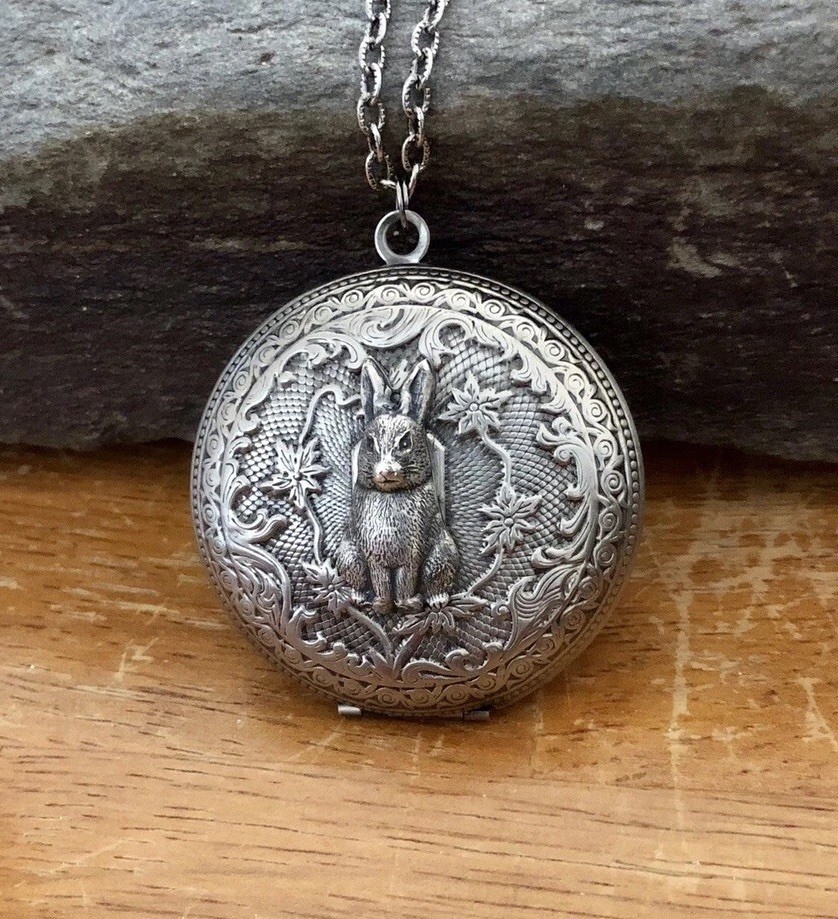 Vintage Bunny Rabbit Locket Necklace, Antiqued Silver Victorian Art Nouveau