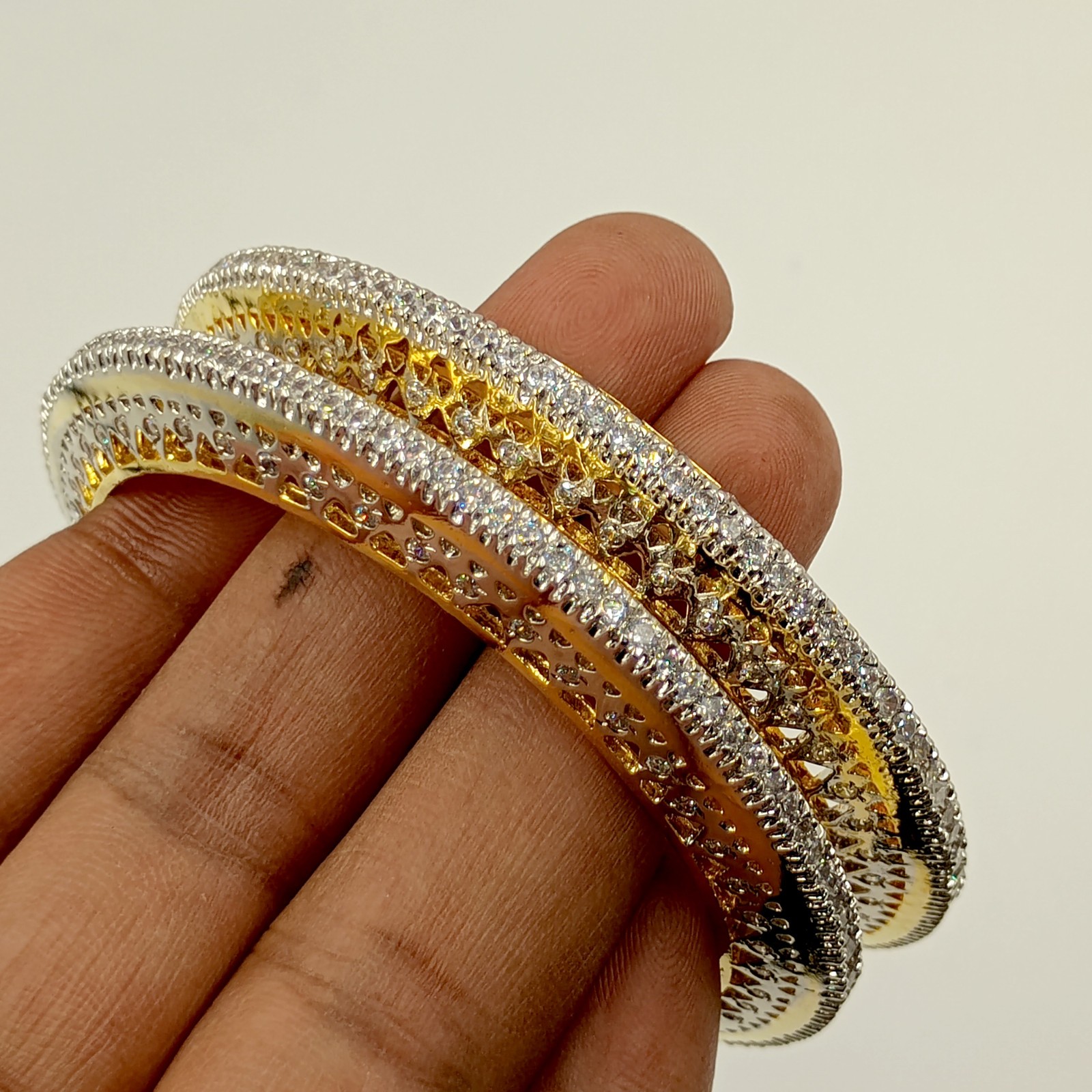South Indian Style CZ Bangle Set, 22K Gold Plated, Elegant Handmade Bridal Set