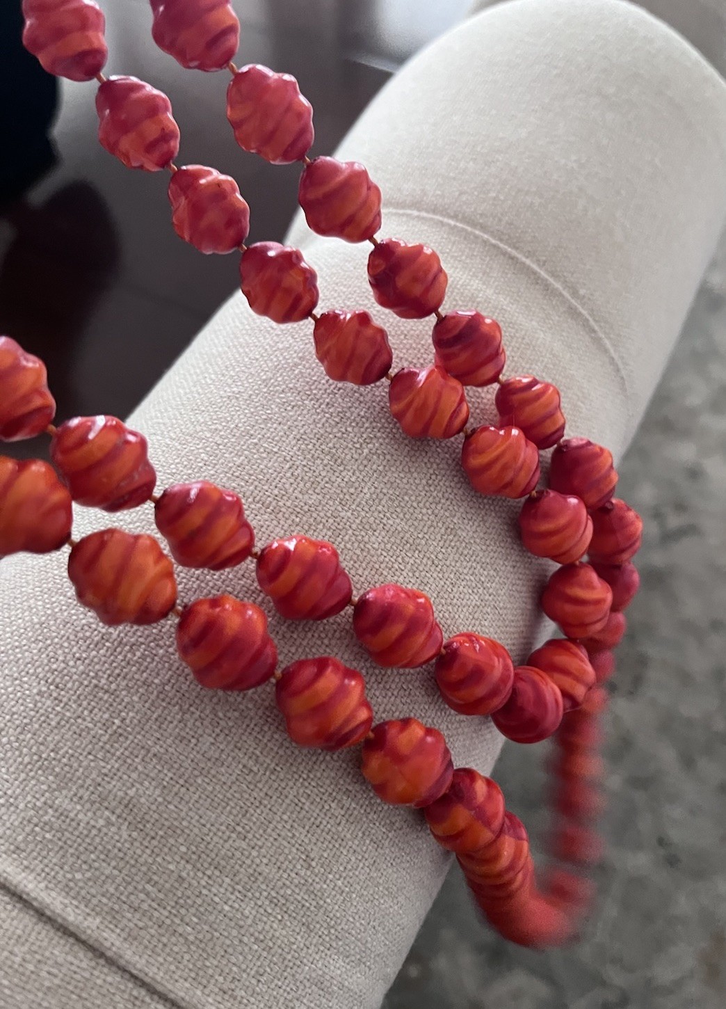 Vintage Orange Coral Red Resin Textured Beaded Extra Long 48” Knotted Necklace