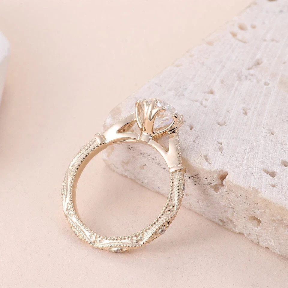 Filigree Style 1.15CT Round Cut White Moissanite & 10K Yellow Gold FN Women Ring