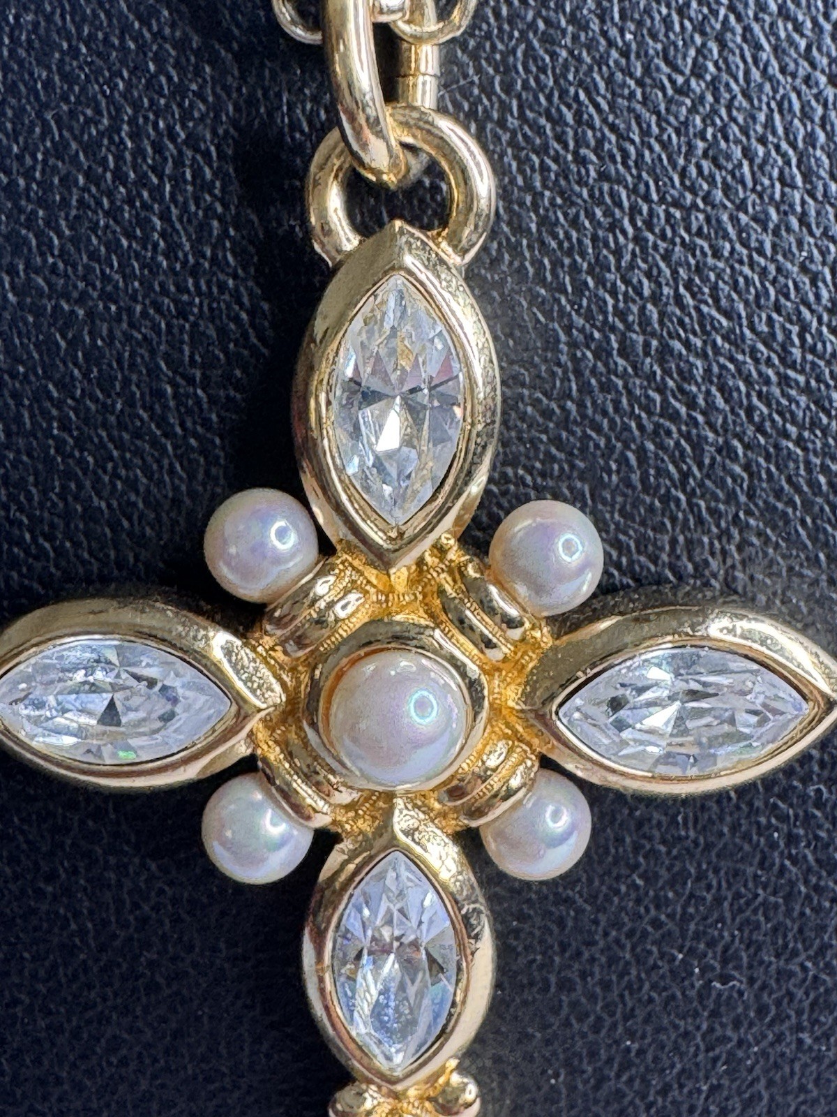 Extremely Unique Christian Dior Crystal and Faux Pearl Cross Pendant Necklace
