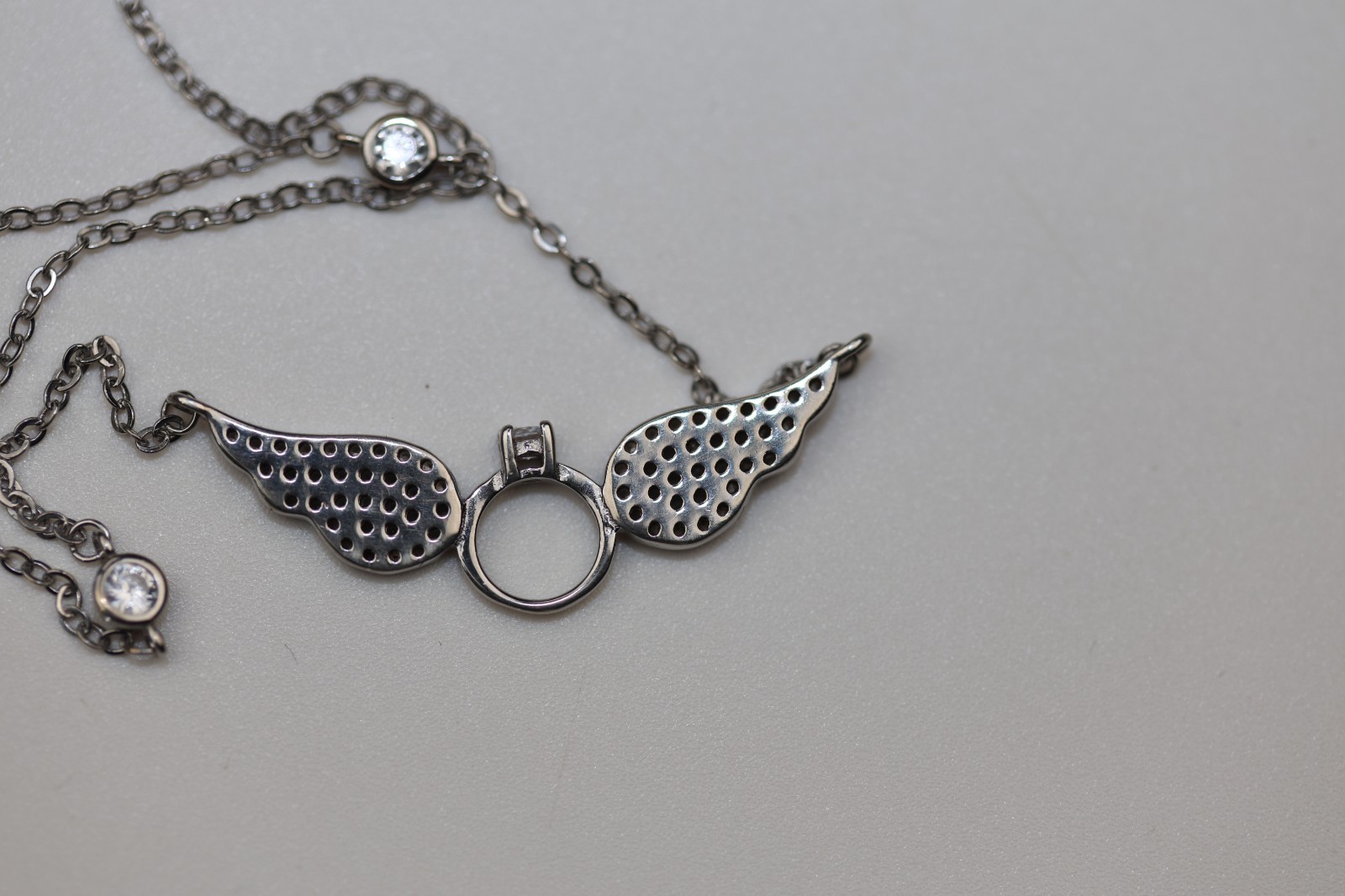 Angel Wings and Ring with Gemstones Pendant Necklace Sterling Silver