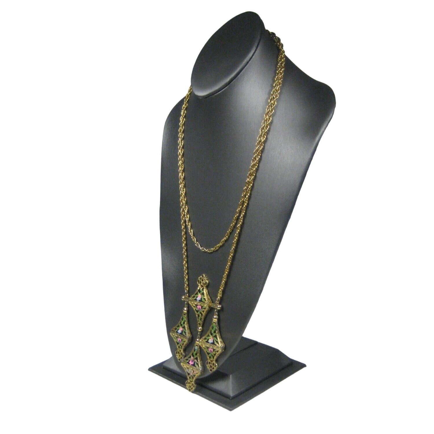 Enamel Floral Dangle Pendant Necklace 21 in Goldtone Multi Strand Chain Vintage