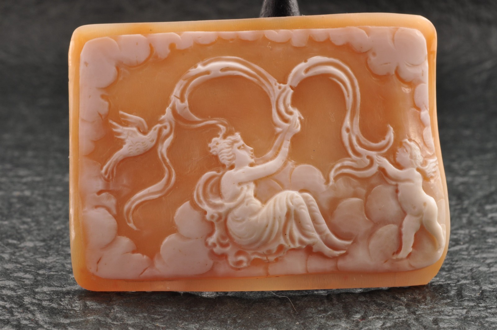 Vintage square shell cameo “Angels and goddesses”, (77.0ct) sign by artist box.