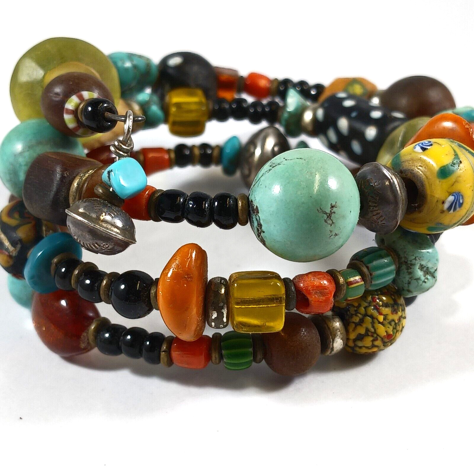 Southwest Bracelet Earrings Sterling Turquoise Amber Trade Beads Coral Vaseline
