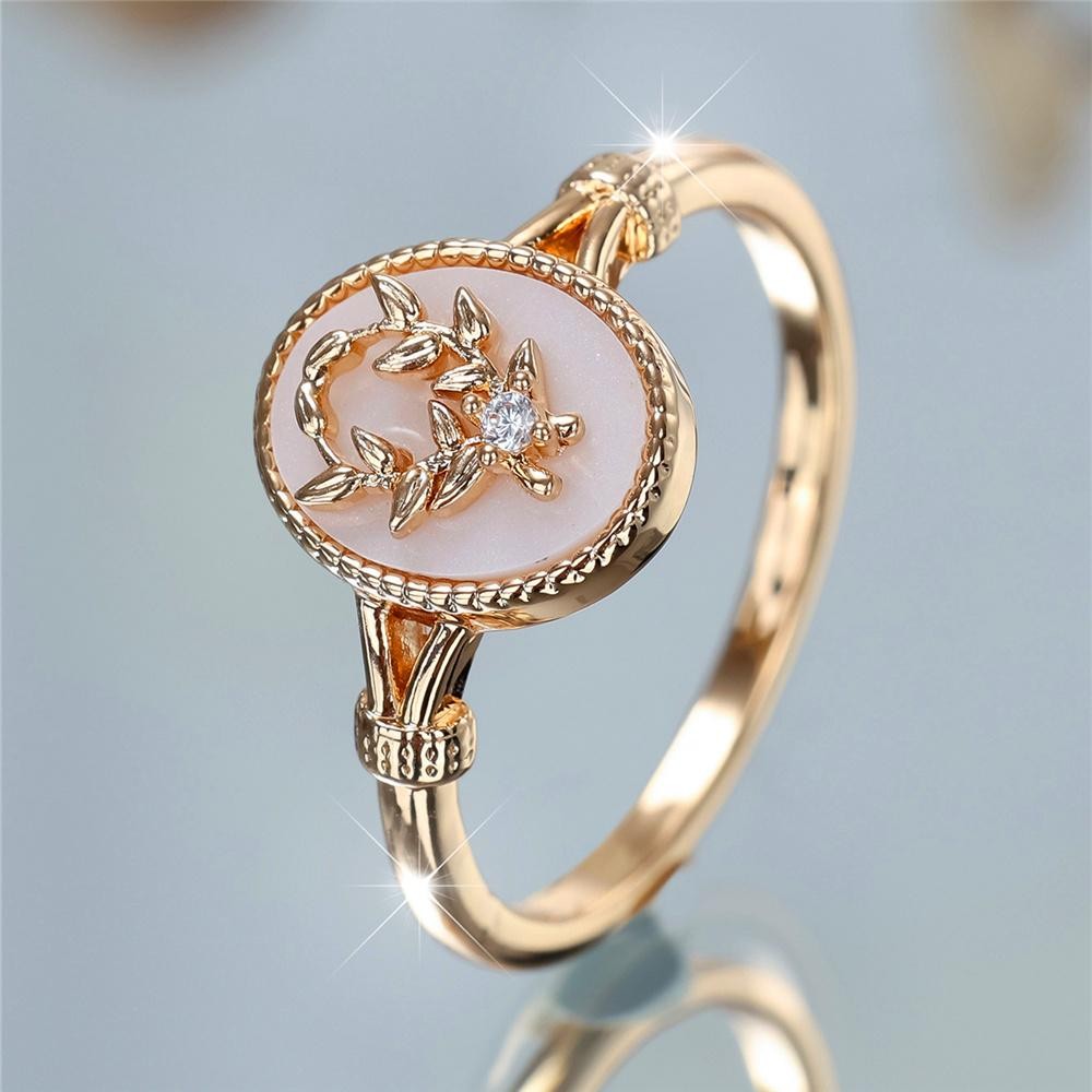 Vintage Gold Silver Oval Leaf Ring White Enamel Stone Women Wedding Jewelry Gift