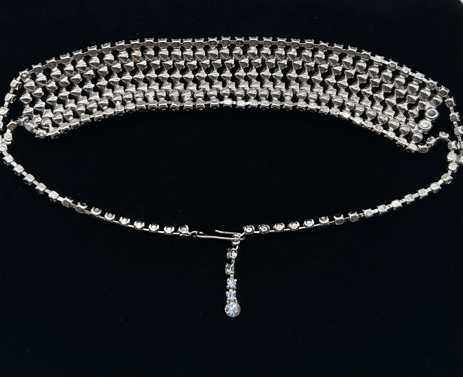 Vtg-BLUE RHINESTONE-Necklace-Choker-Ring-Bracelet-Clip-on Earrings SET