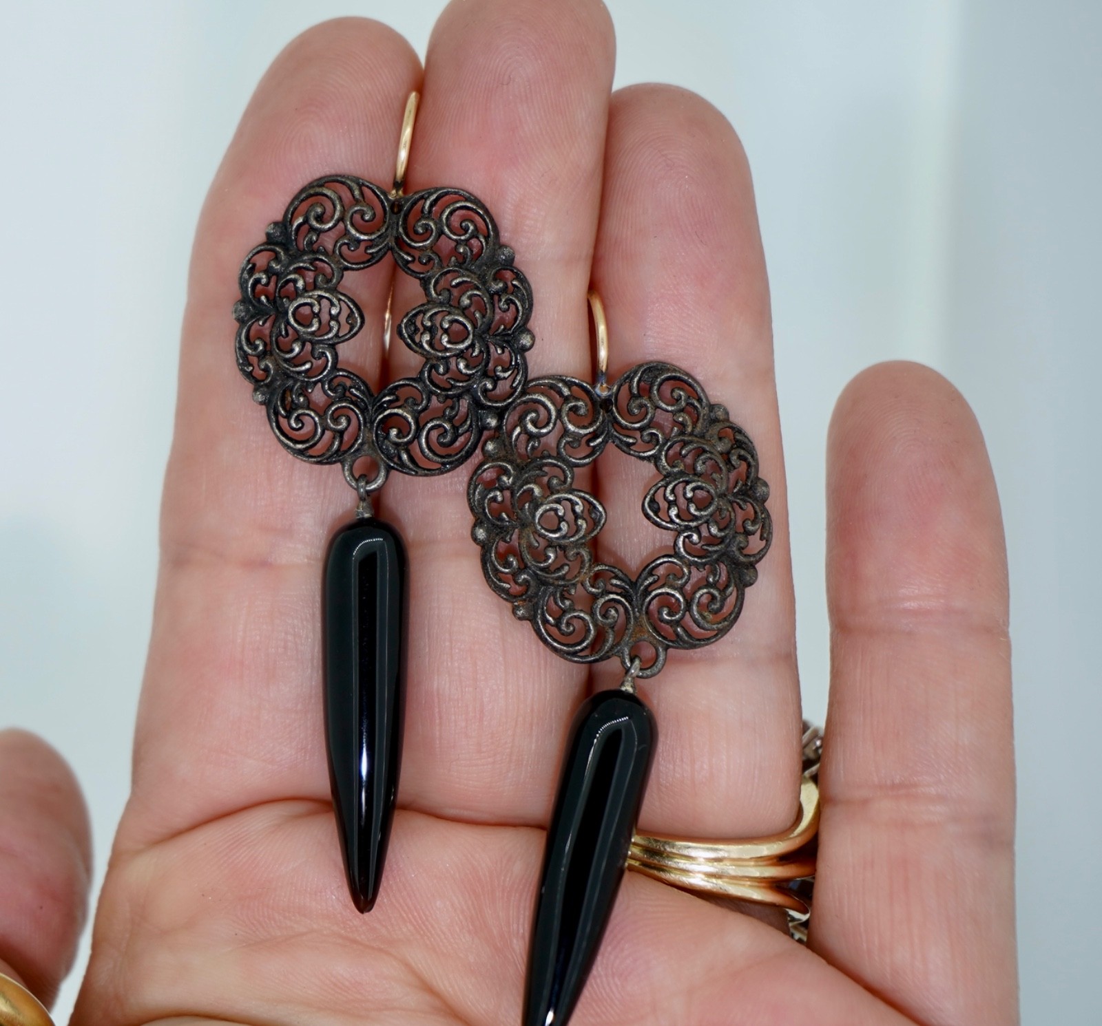 Antique Berlin Iron 14K & Onyx Earrings