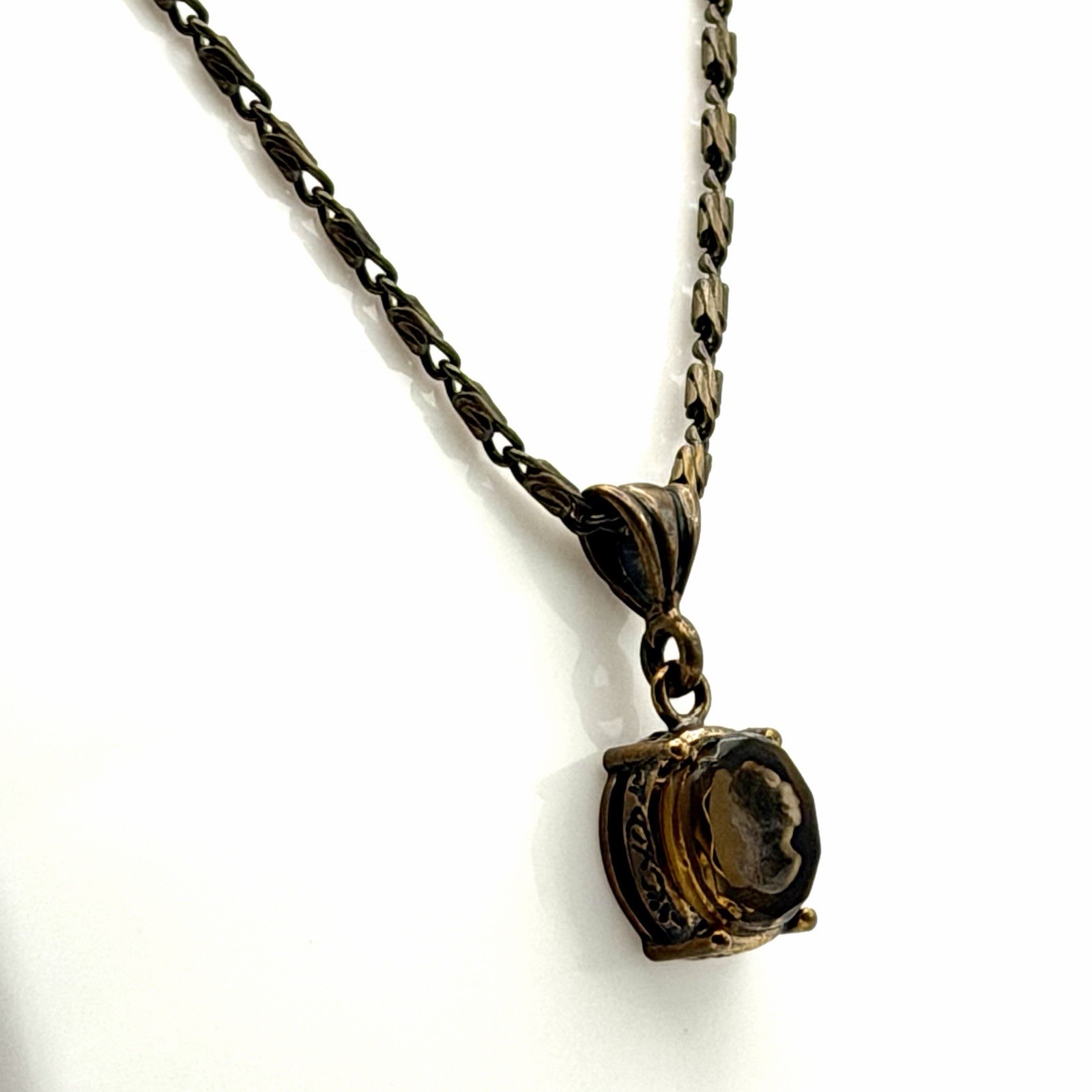 Extasia Signed EXT Vintage Style Bronze Fob Pendant Necklace Smoky Brown Glass