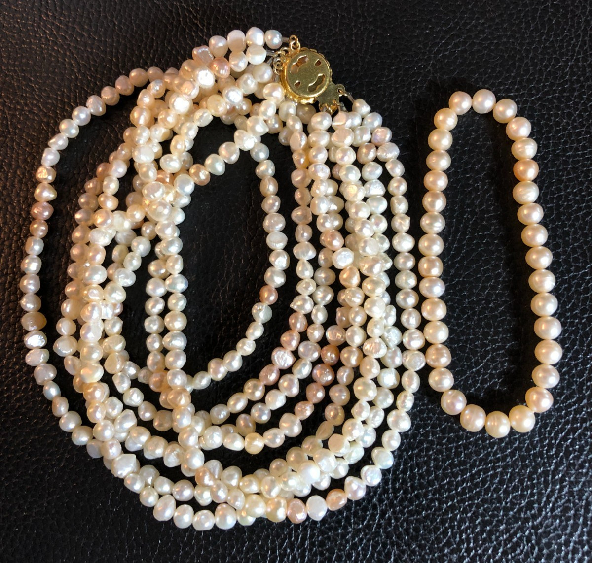 Vintage Peach Cream Cultured Pearl Multi Strand Necklace +Stretch Bracelet P9