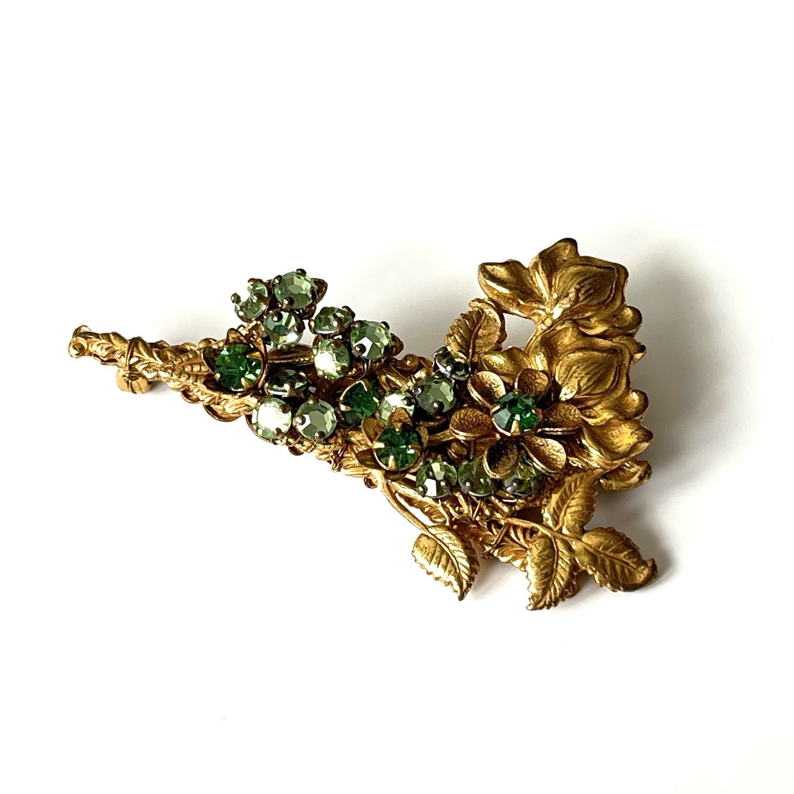VTG Miriam Haskell Bar Brooch Green Rhinestone Floral Filigree Goldstone Signed