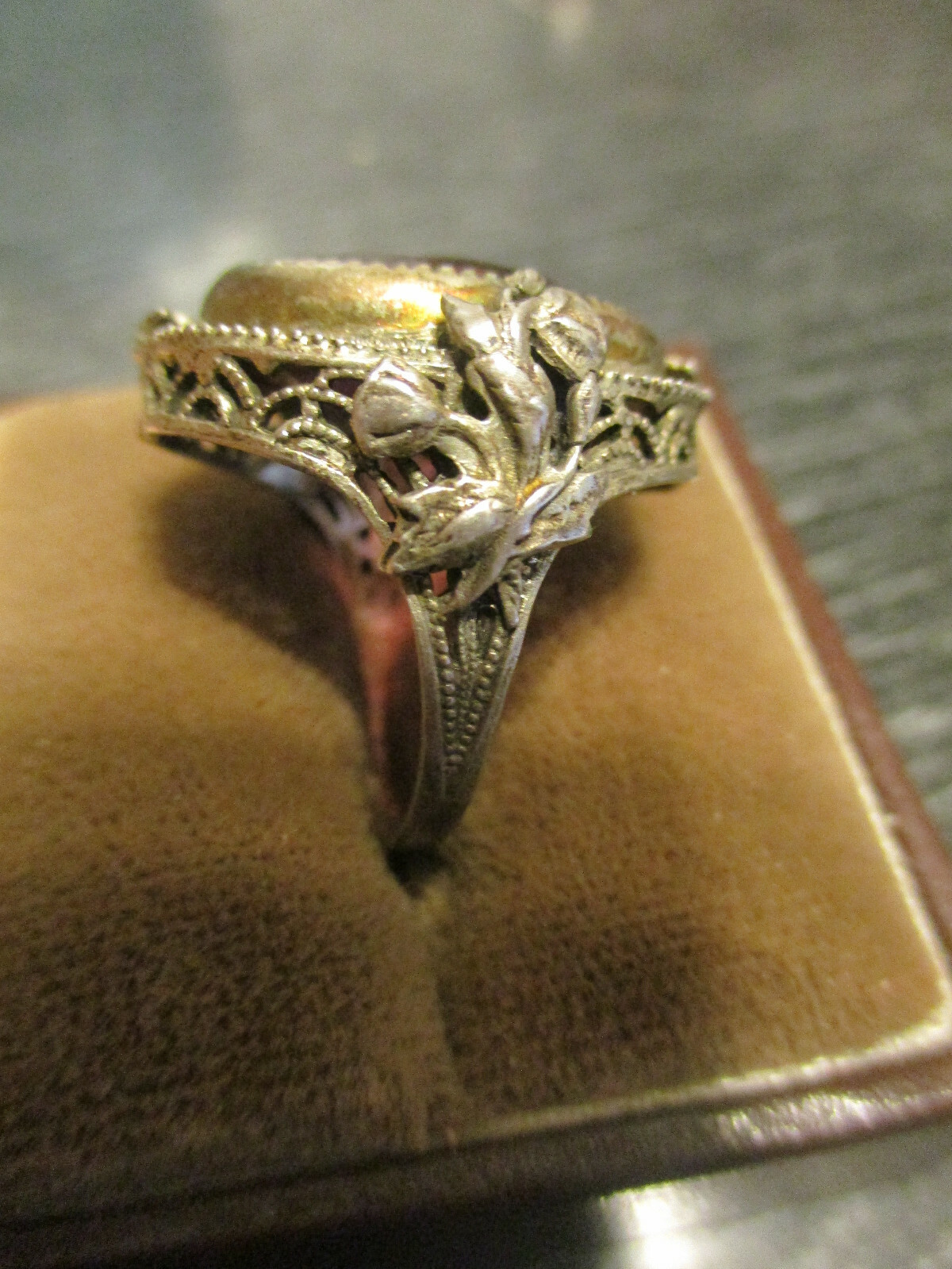 Antique Faux Amethyst Glass Sterling Silver Rose Filigree Cocktail Ring Size 6.5
