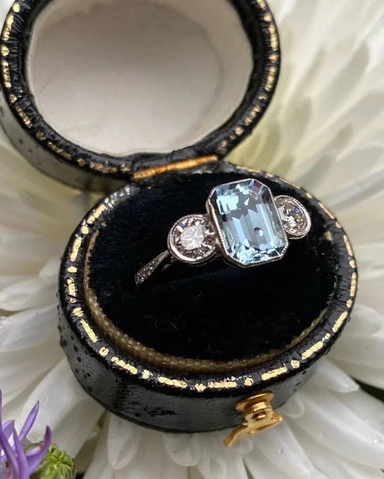 Art Deco Style 2.55Ct Lab Created Aquamarine Engagement 14K White Gold FN Ring