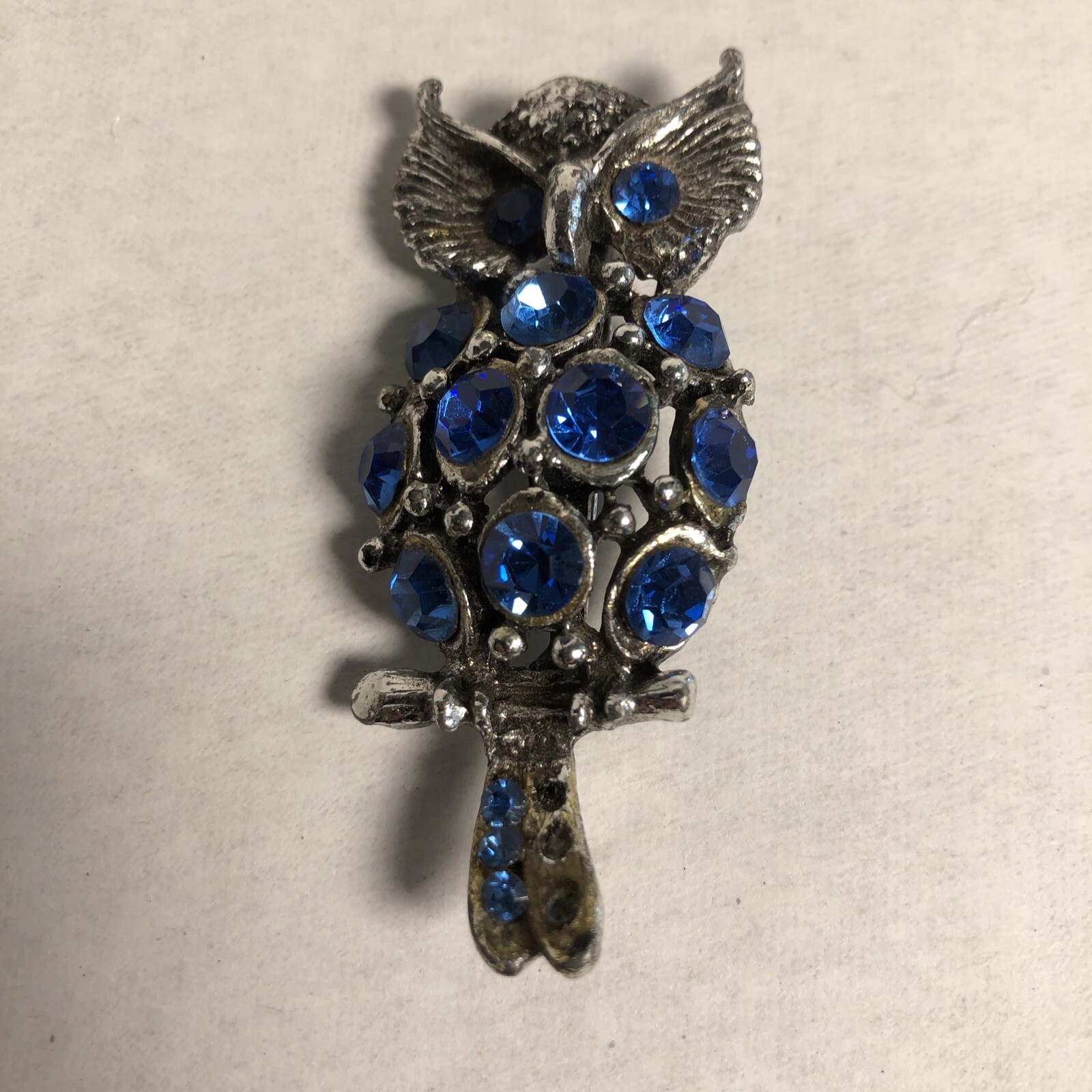 Vintage Owl Brooch Silver Tone with Blue Rhinestones 2.5 Inch Long