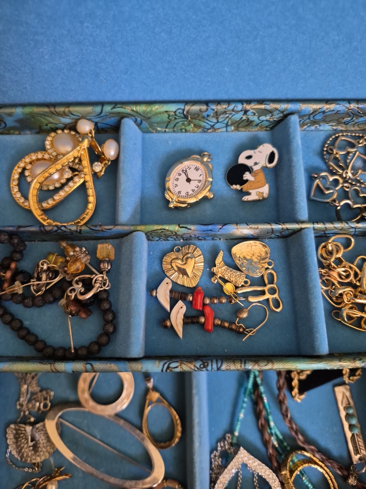 Vtg Jewelry Box With VTG- Now Costume Necklaces, Earings, Brooches, Pins, Etc.
