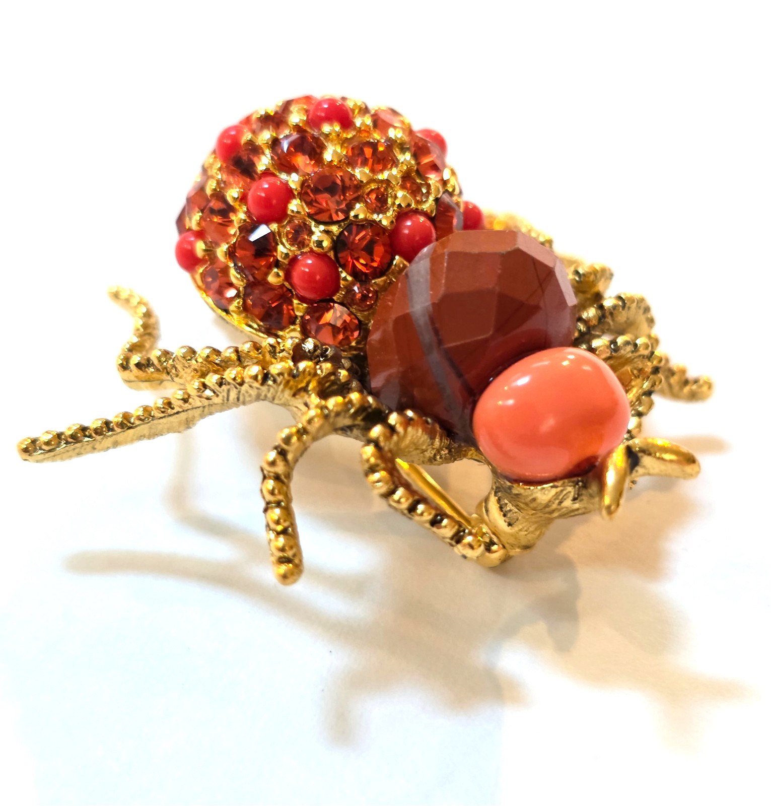 JOAN RIVERS CRITTER COLLECTION ORANGE CORAL CRYSTAL SPIDER PIN BROOCH