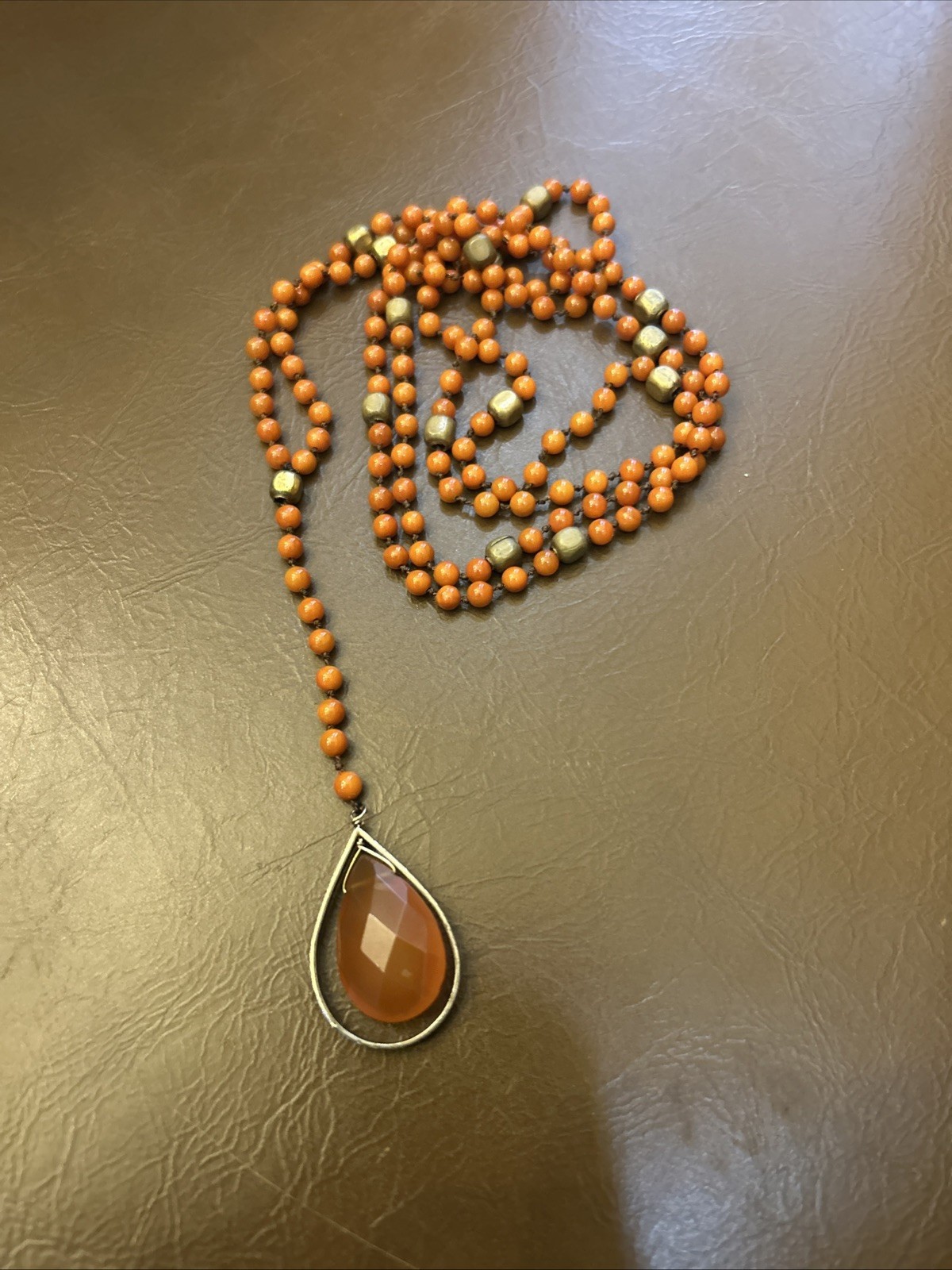 Antique Reddish Orange Coral Small Beaded w/0range Onxy Necklace 25in