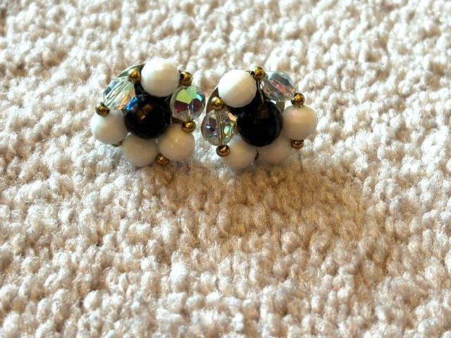 Multi-Strand Statement Necklace Black and White Beads with Clip On Earrings