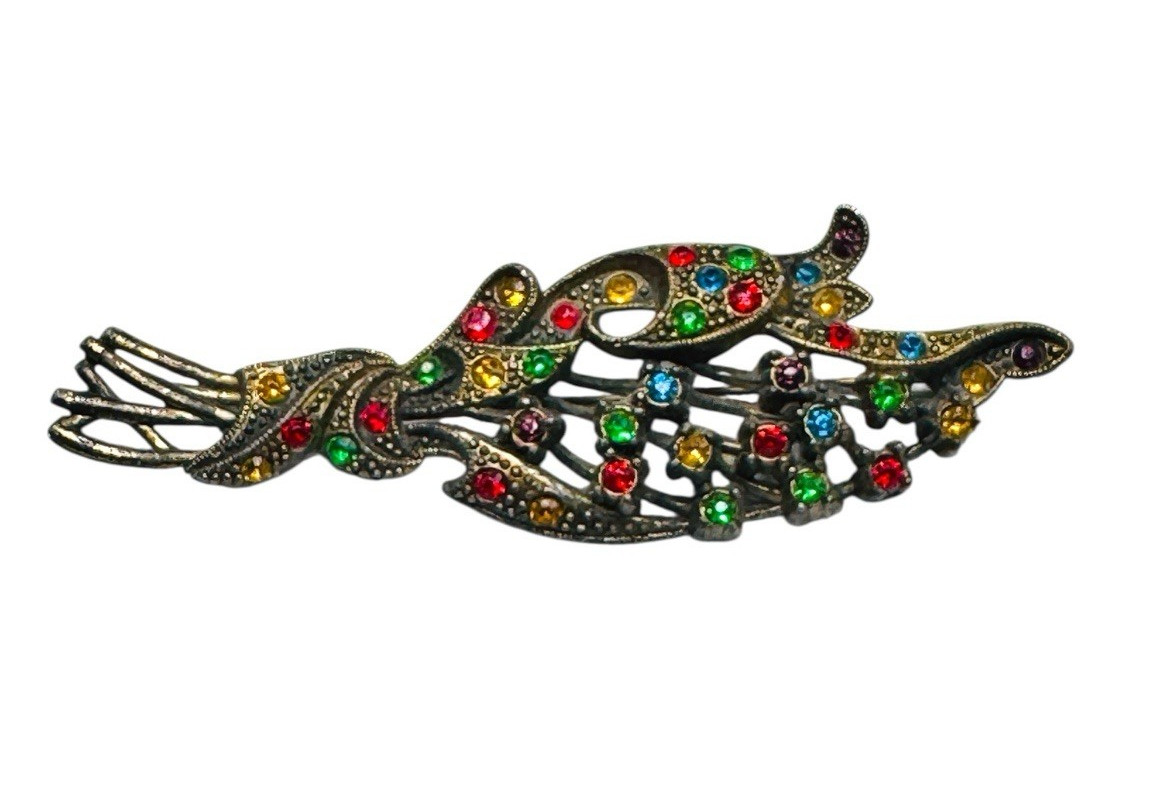 Vintage Deco Little Nemo Rhinestone Leaf Stem Brooch Pin