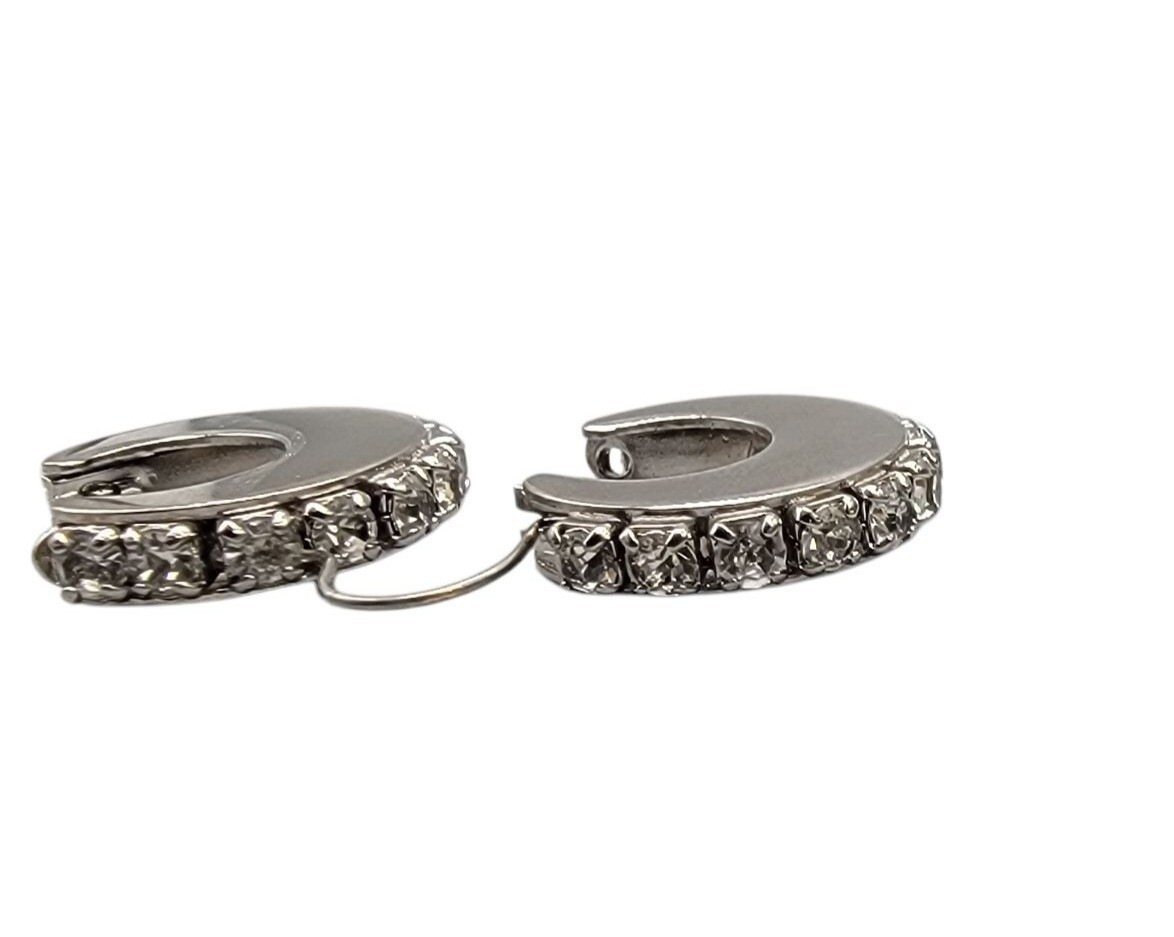 Silver Tone Rhinestone Hoop Earrings Hinged Closure Vintage Pat Pend Unsigned
