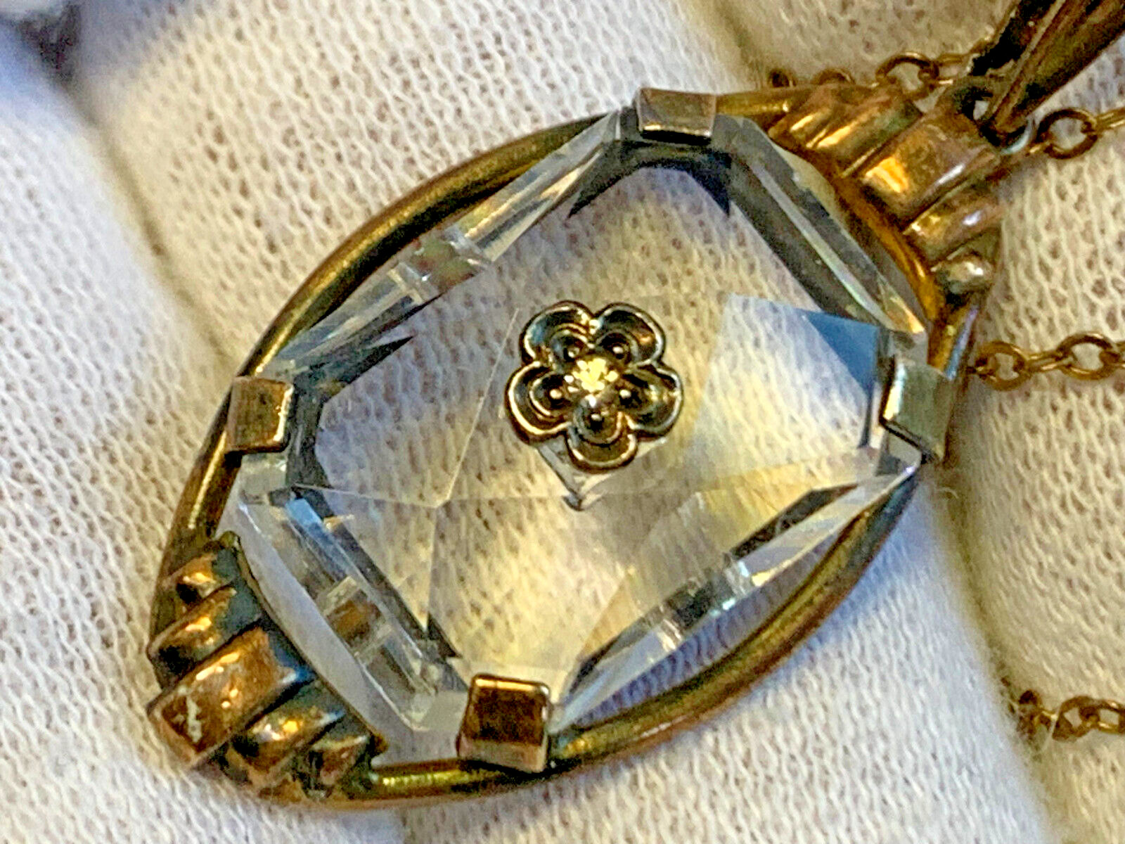 Vtg Gold Filled Necklace 18″ Jewelry Cable Chain Clear Stone Pendant