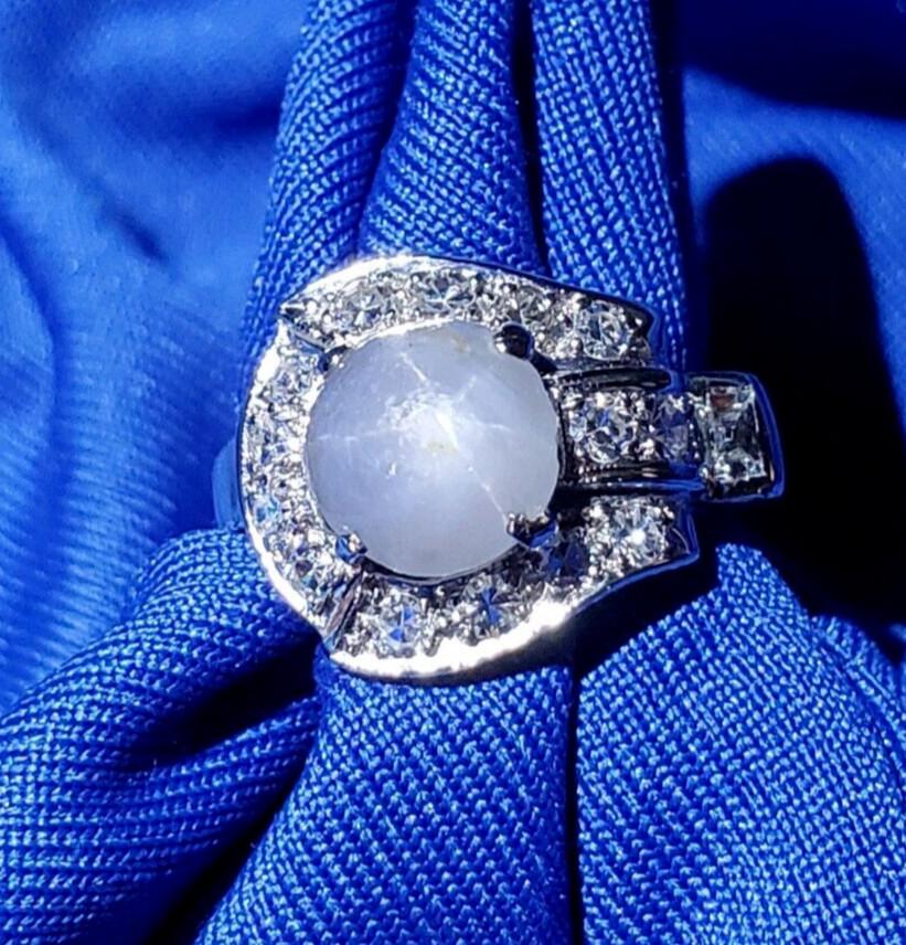 EARTH MINED STAR SAPPHIRE DIAMOND ART Deco Engagement Ring SOLID 14K WHITE GOLD