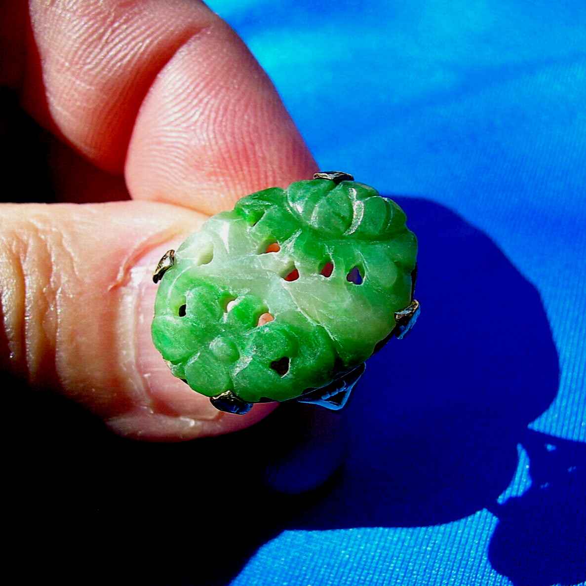 Original EARTH MINED Green JADE Antique Ring Victorian SOLID 18K GOLD Vintage 5