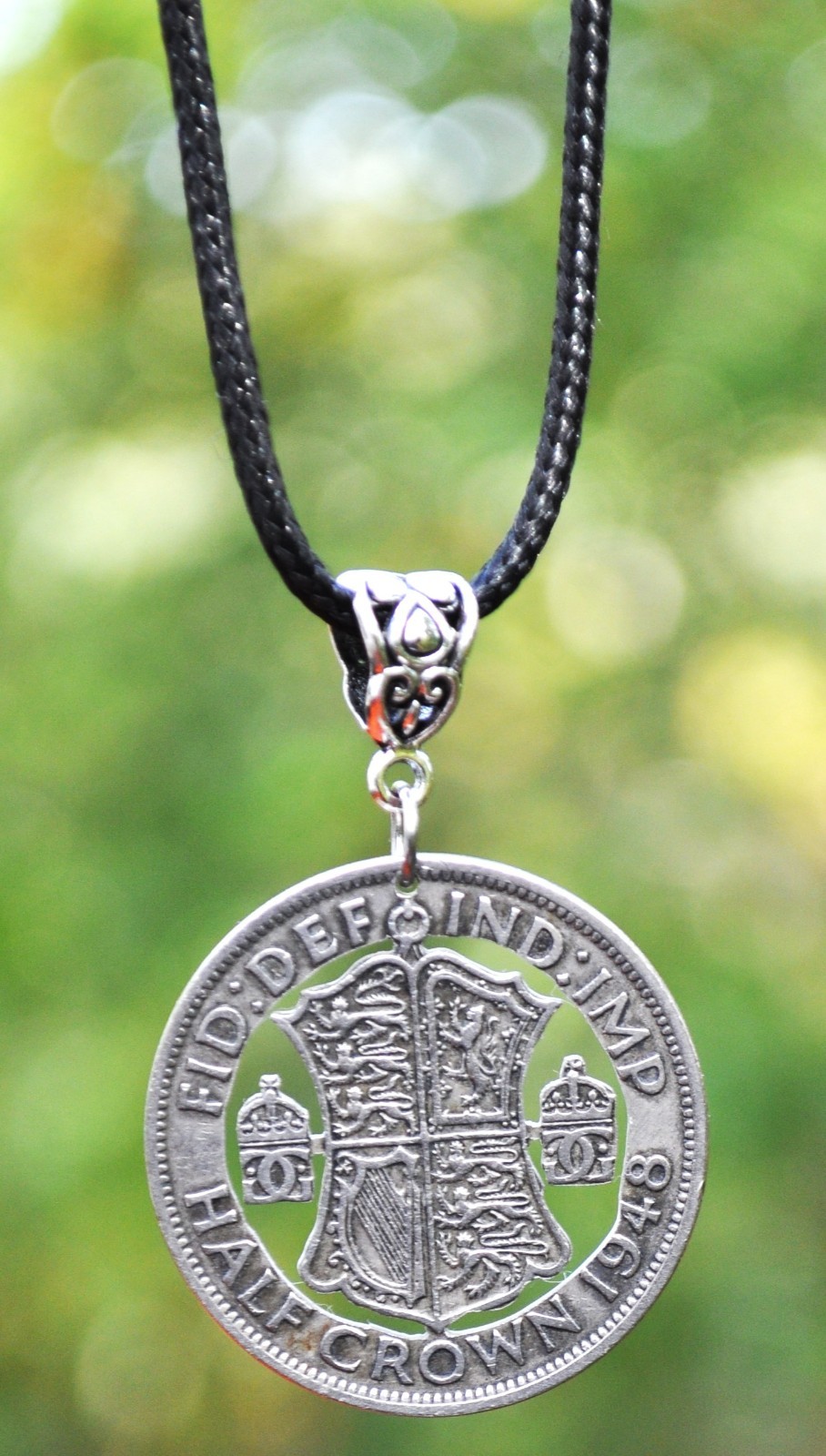 United Kingdom Large Half Crown Cut Coin Pendant Necklace