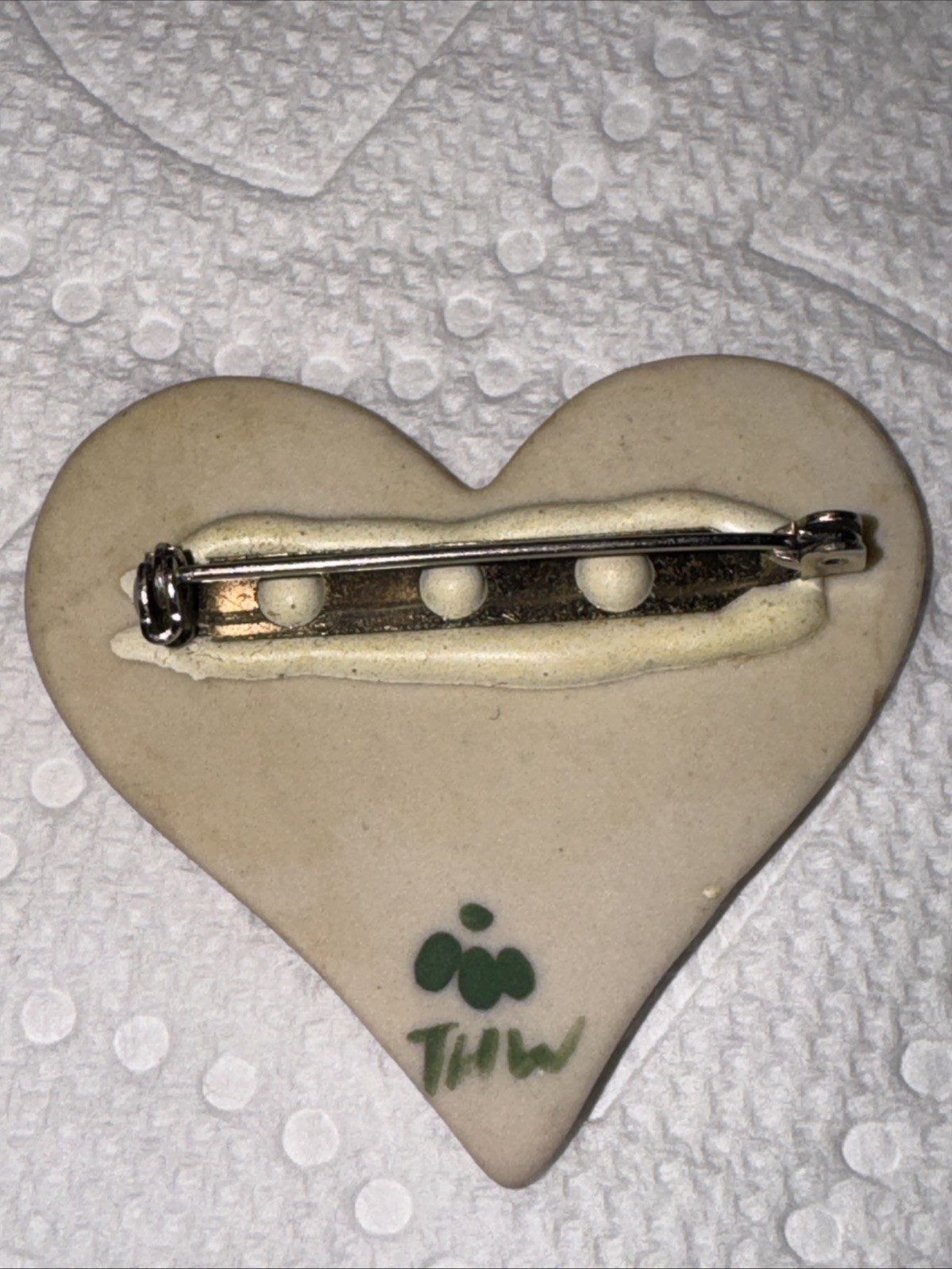 Beautiful Hand Painted Colorful Floral Heart Shaped Brooch Signed THW